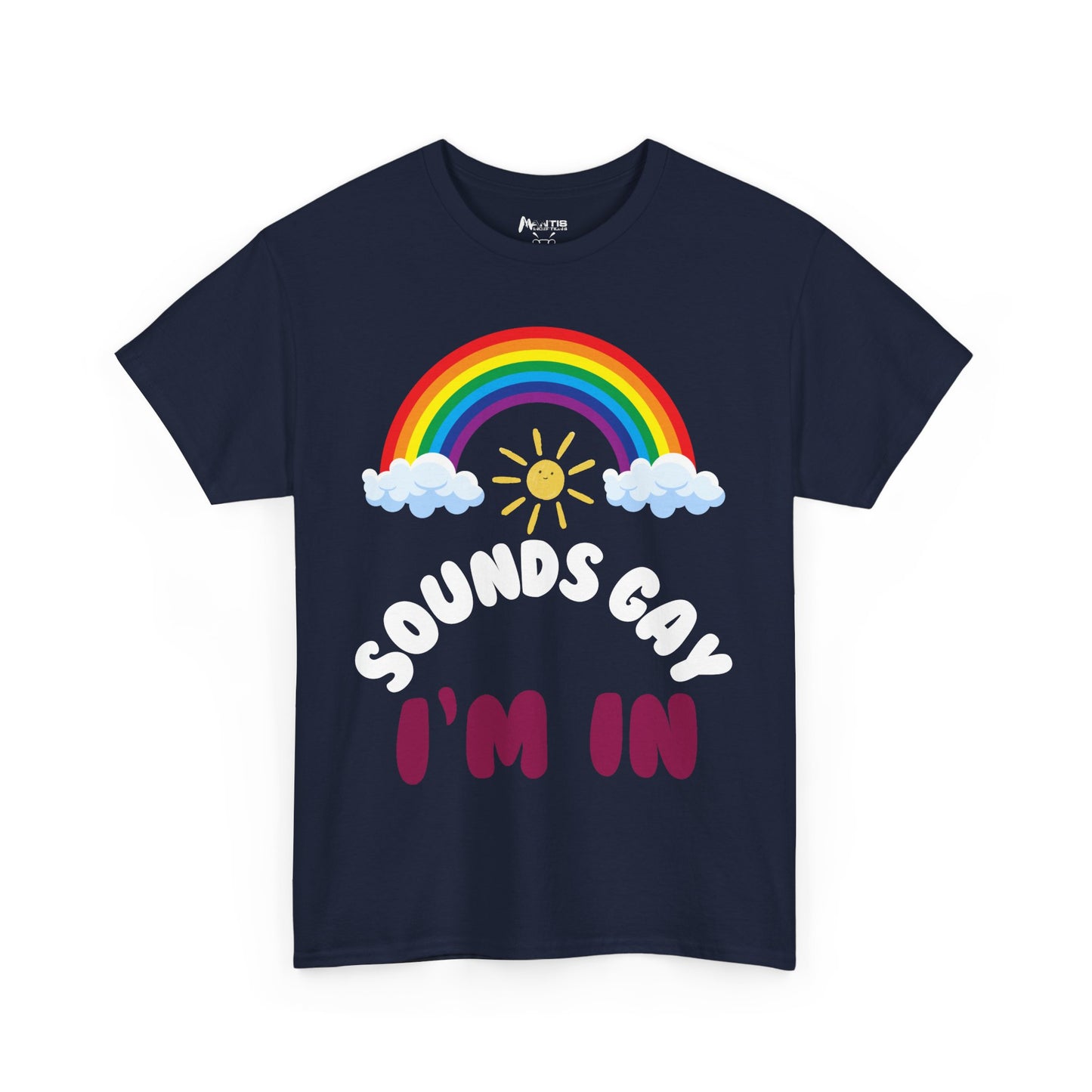 navy NSFA t-shirt with 'Sounds Gay. I'm in' slogan, ideal for festival or party wear