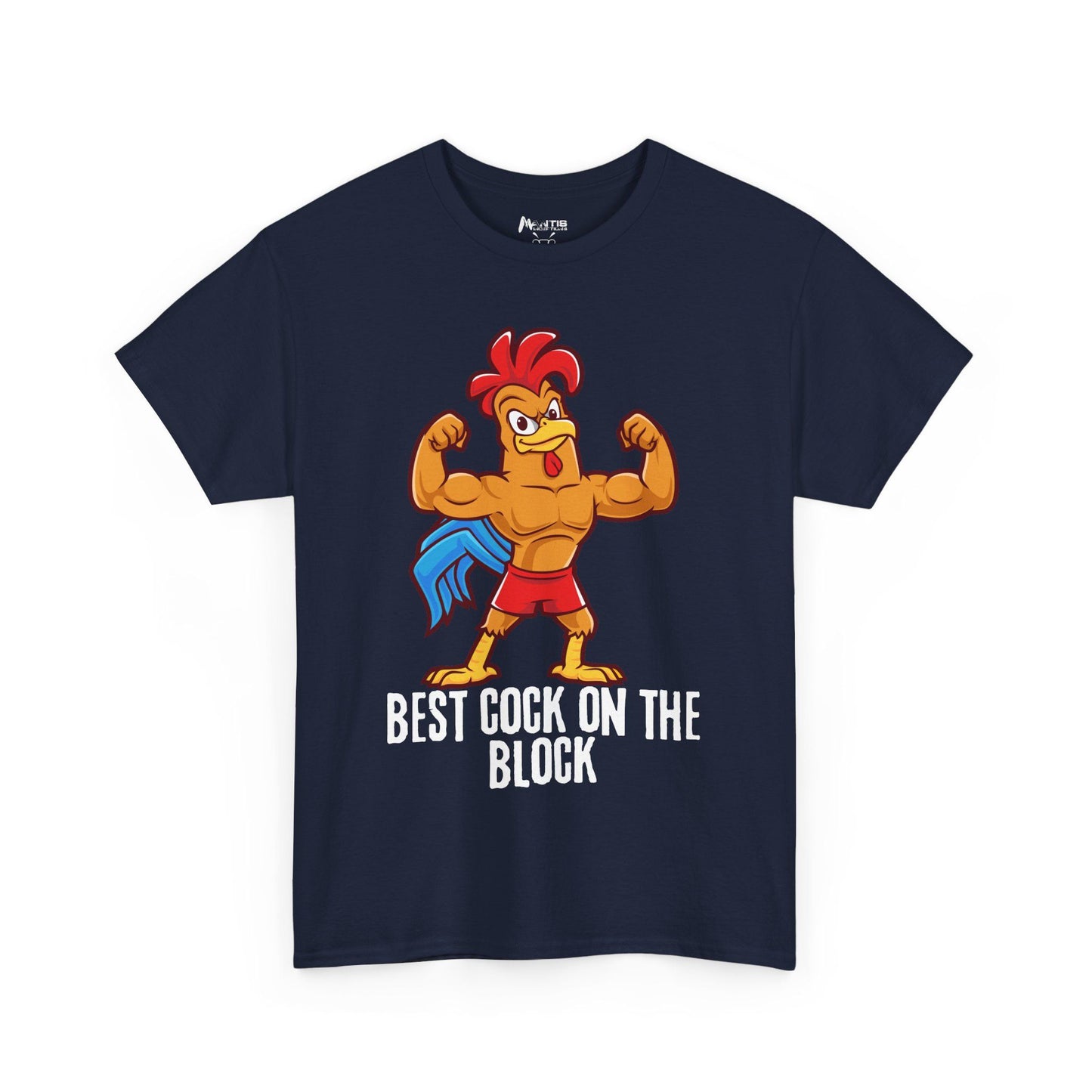 Navy shirt showing rooster dominance and male bravado