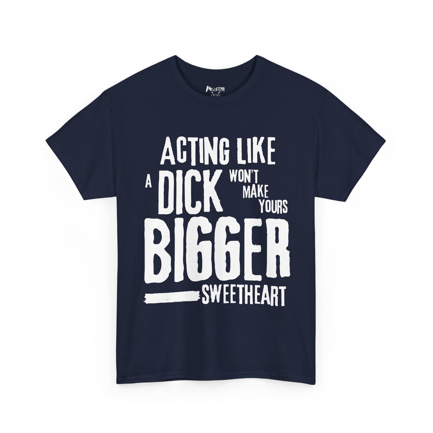 navy tee calling out men who act tough but fall short
