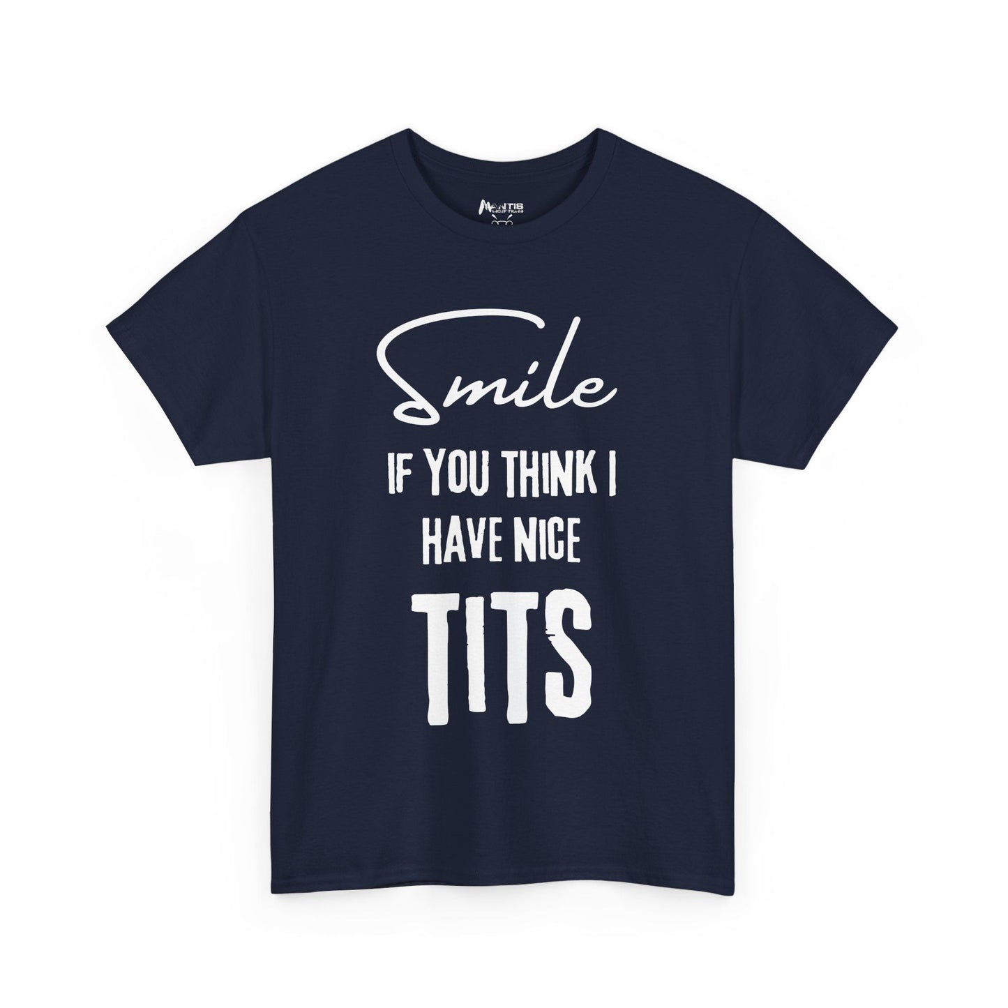 navy shirt offering saucy boob appreciation with style