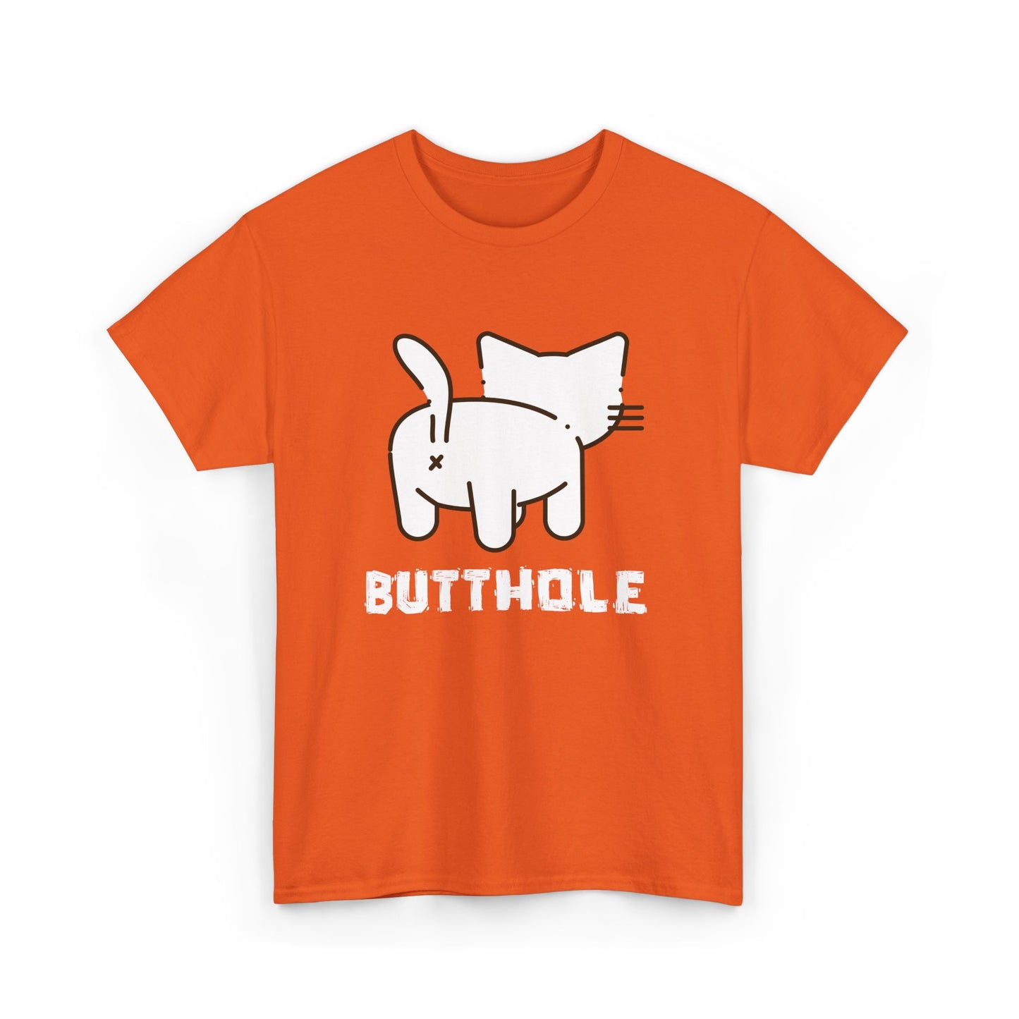 Orange shirt with rude cartoon cat butt, bold humor