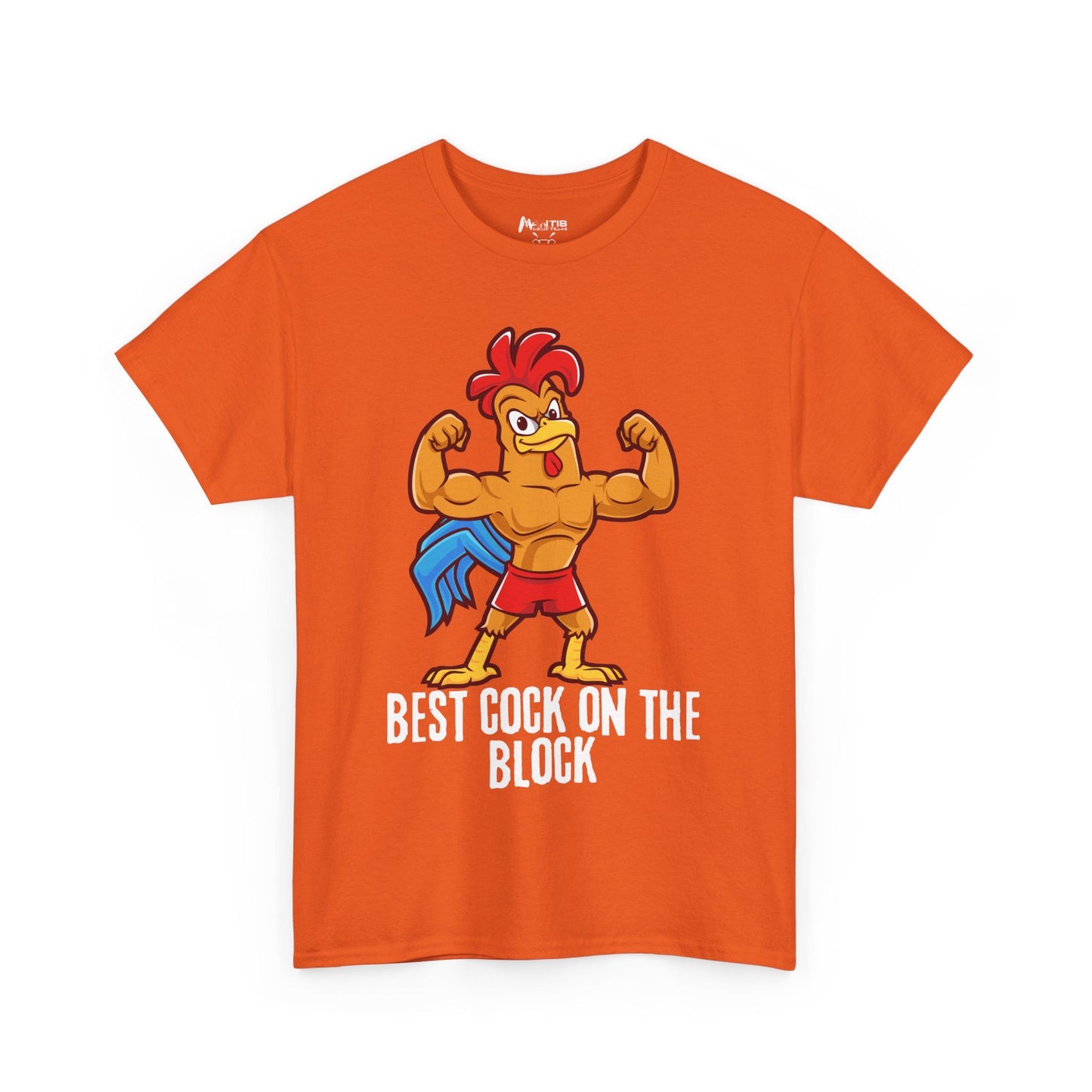 Orange tee with NSFA wordplay boasting sexual innuendo