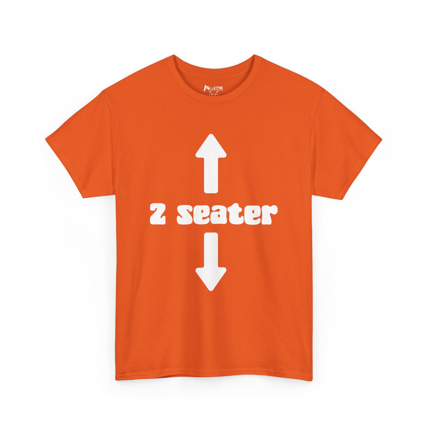 orange tee showing 2 seater print filthy humor, two options to ride