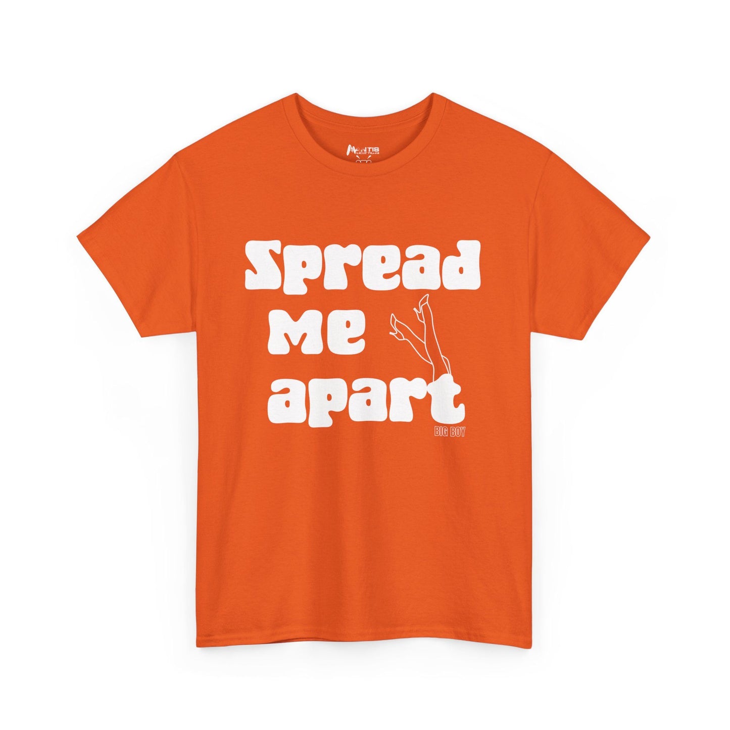 Orange tee with suggestive graphic and raw energy