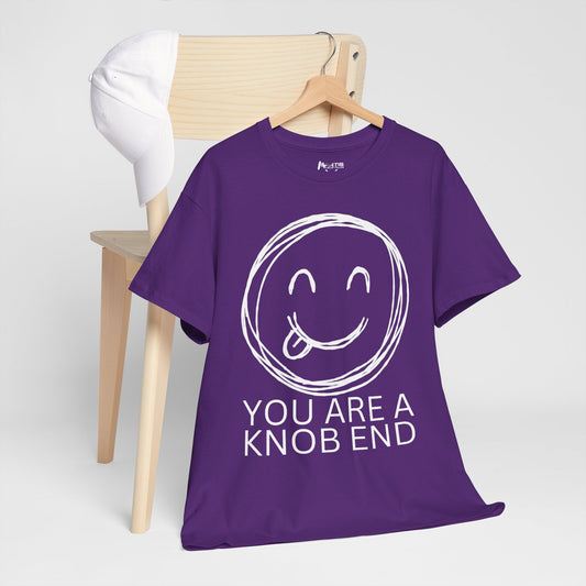 purple shirt with “you are a knob end” and tongue-out smiley face insult