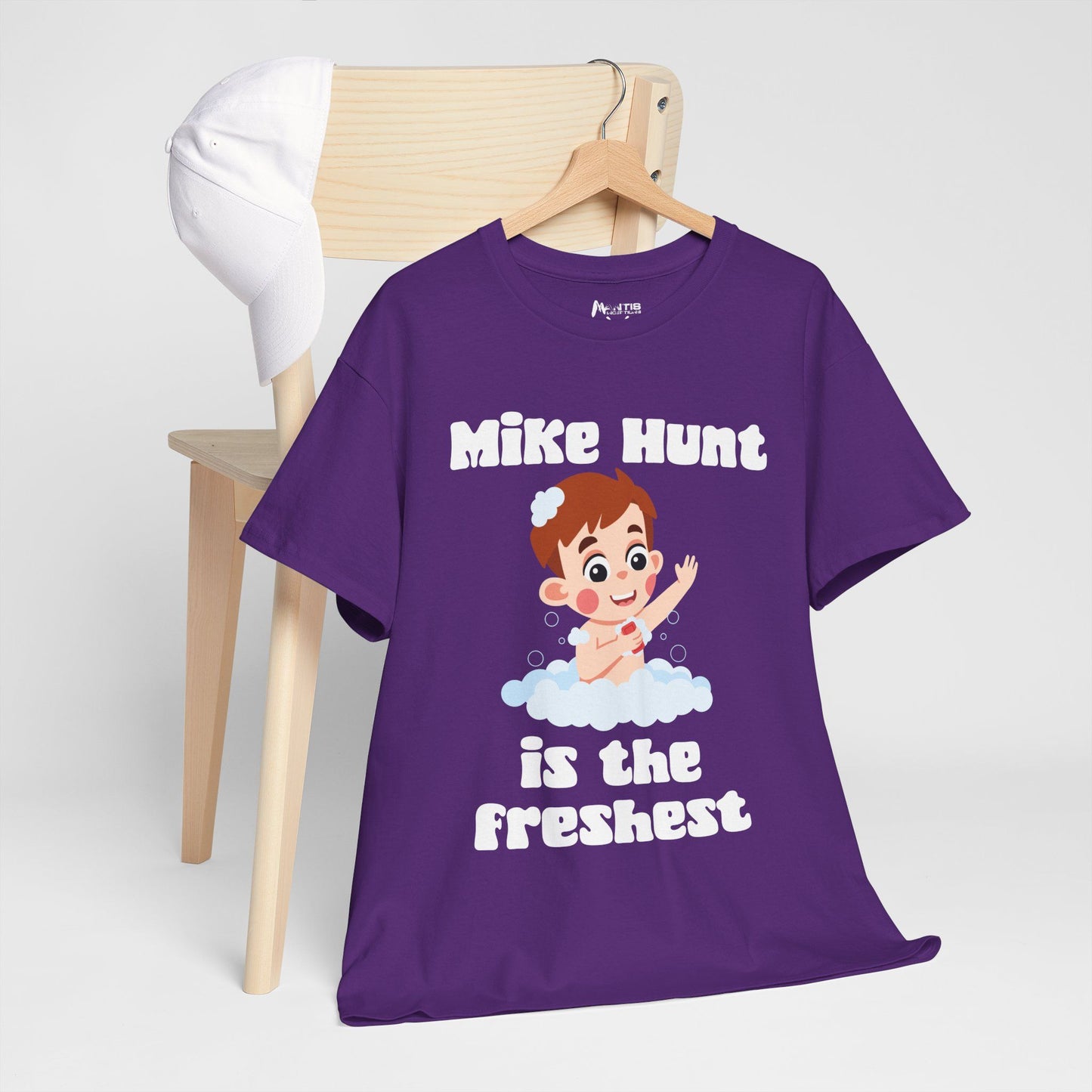 Purple tee featuring a freshly bathed Mike Hunt and filthy intent
