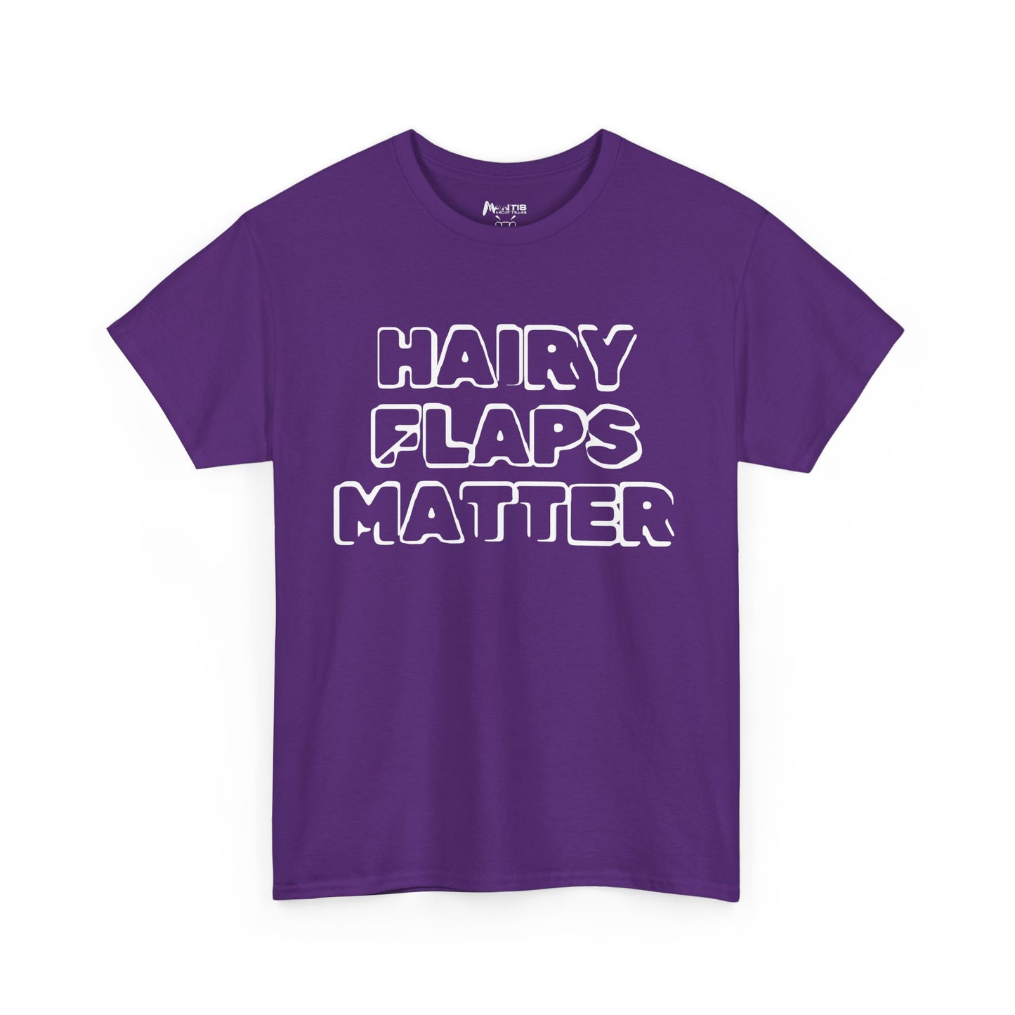 purple shirt with bold "Hairy Flaps Matter" text mocking taboos with pride