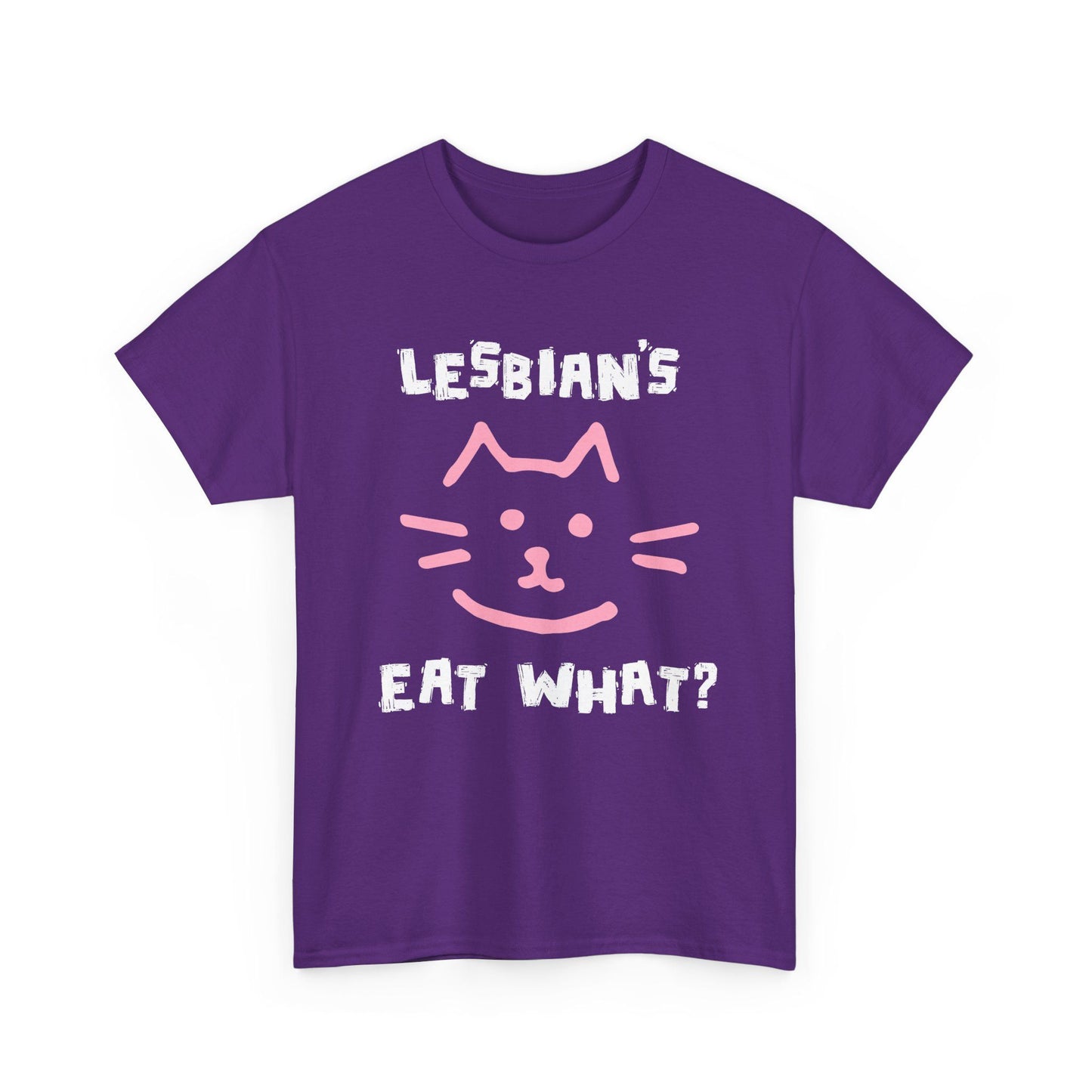 Purple t-shirt with shocked cat face and Lesbians Eat What? text, edgy humor