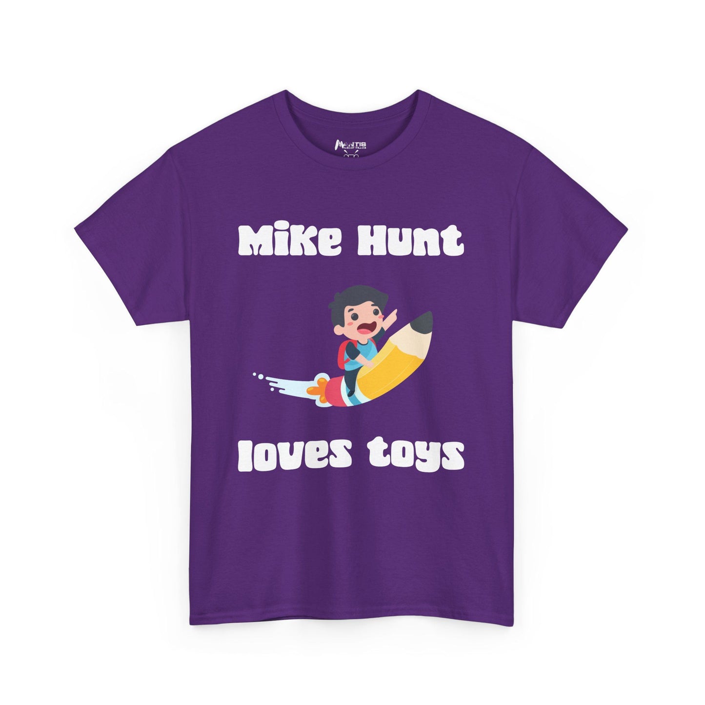 Purple tee hinting at the kind of toys that buzz, not bounce