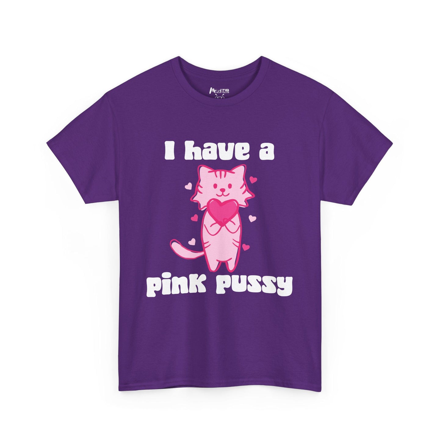 Purple tee mixing cute cat imagery with filthy meaning