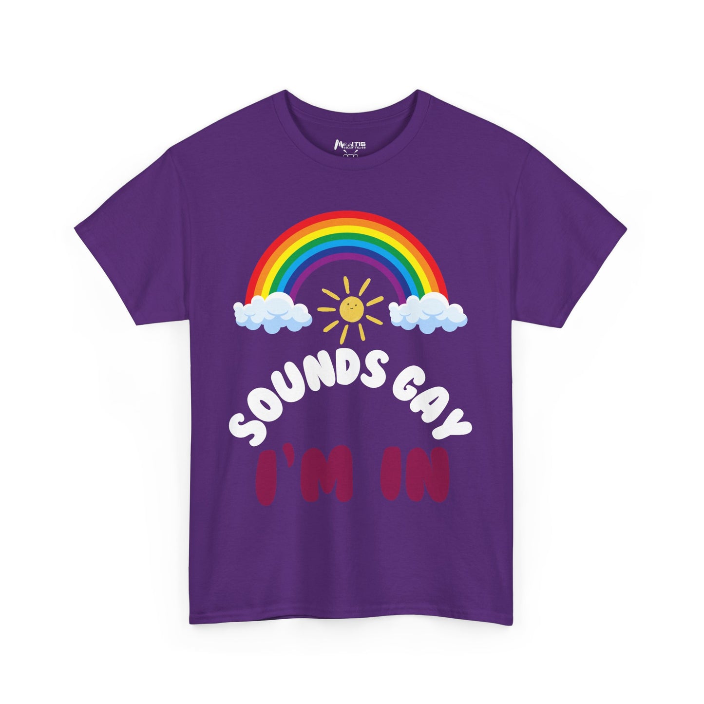 purple NSFA shirt with bold 'Sounds Gay. I'm in' print, celebrating cheeky humor and fearless attitude
