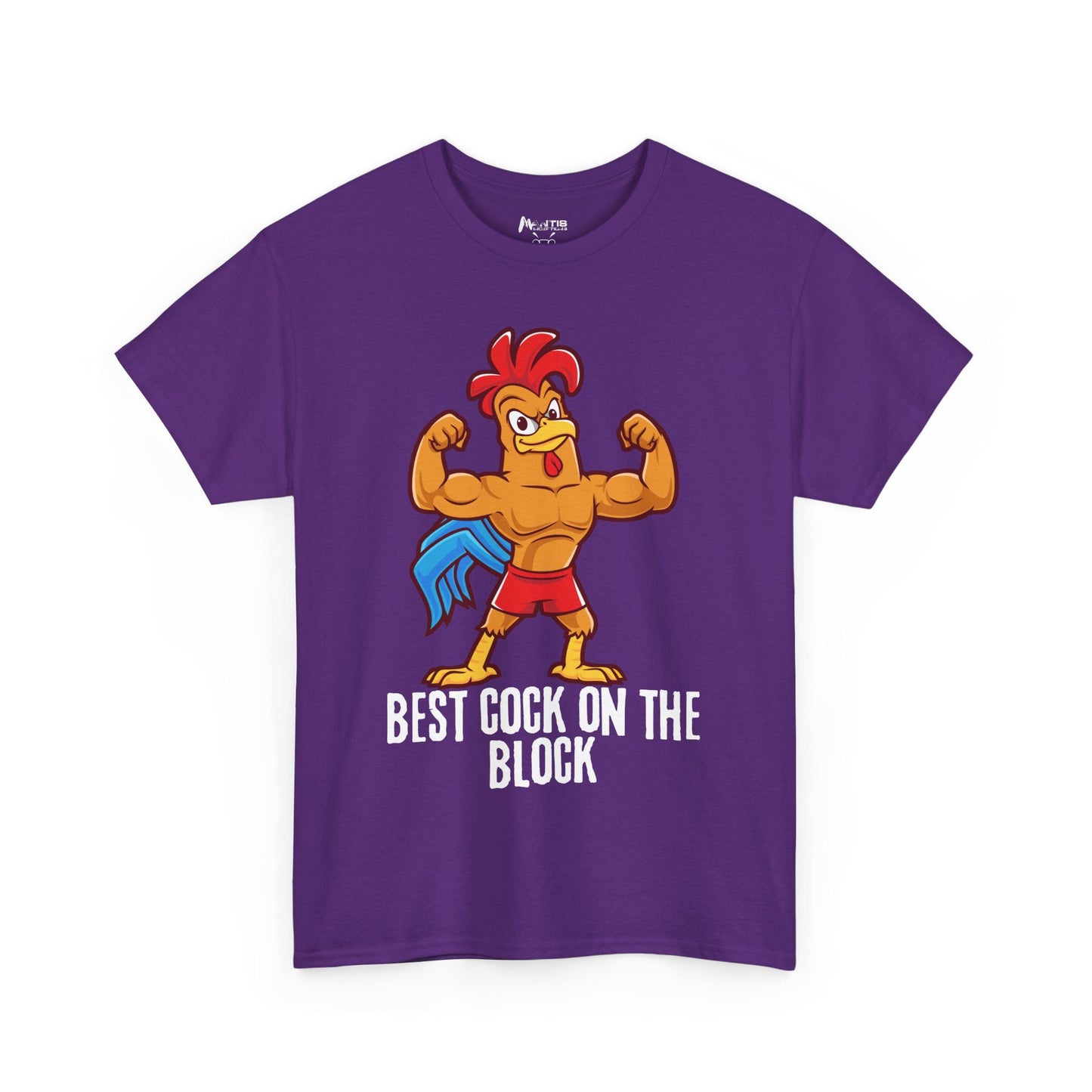 Purple tee boasting dirty humor with a rooster puffing chest