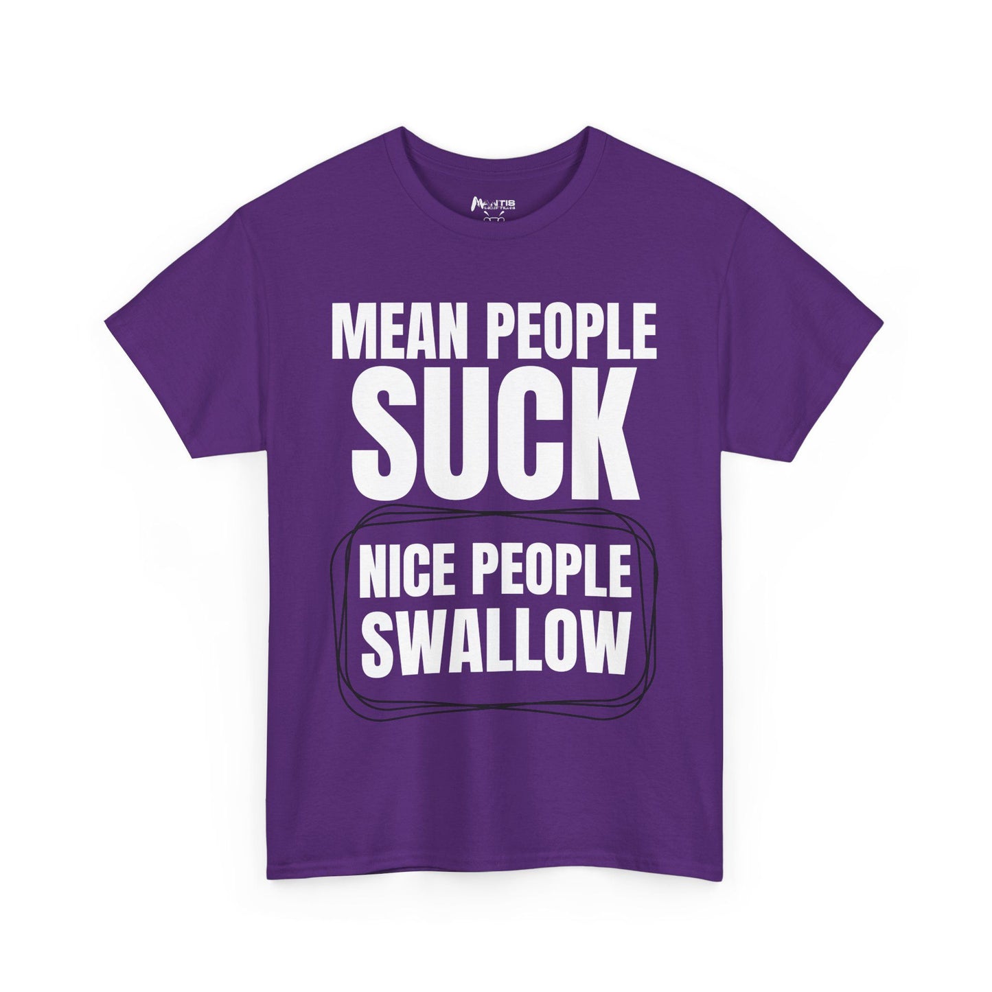 Purple tee highlighting bold sexual humor