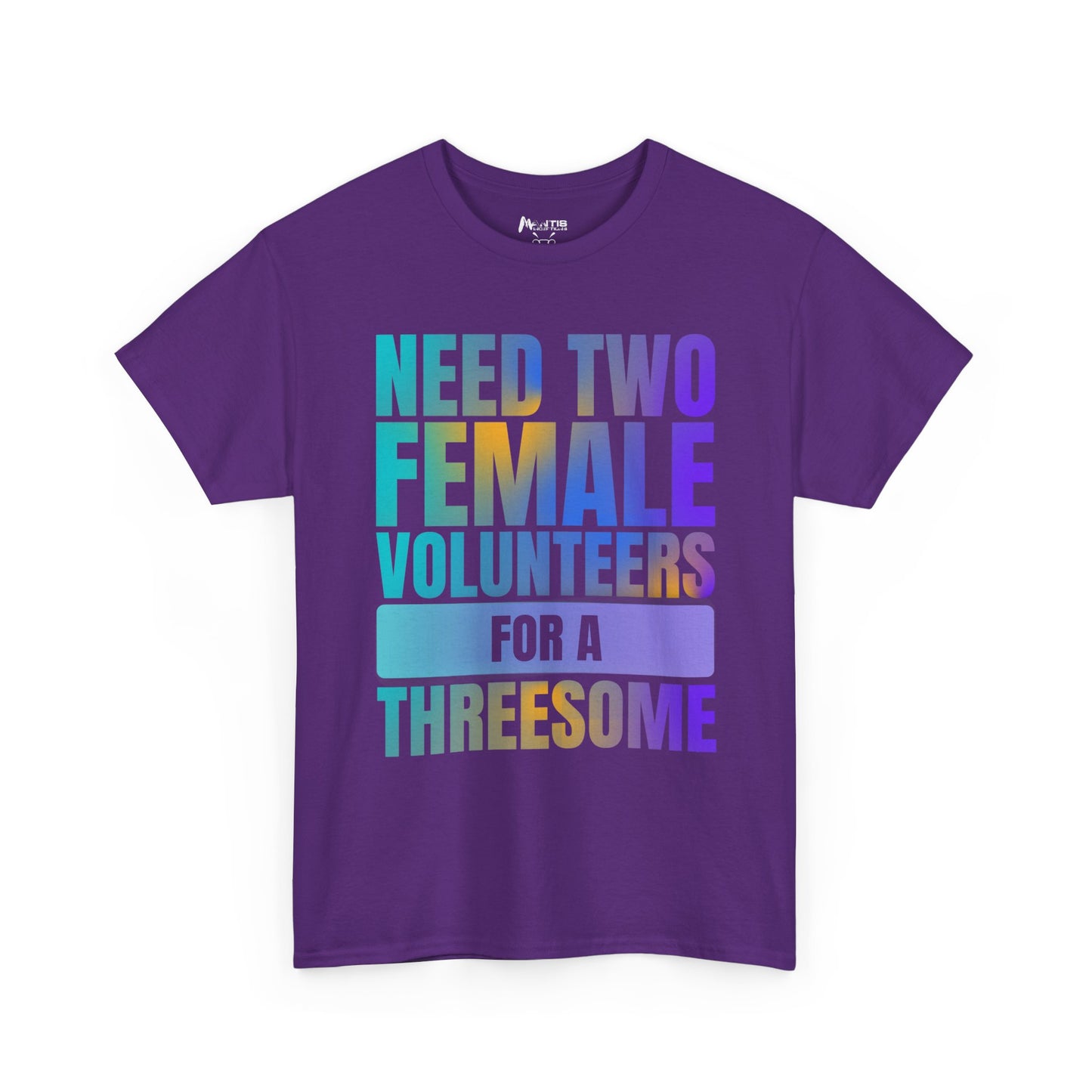Purple shirt with bold threesome request, dark humor and provocative NSFA attitude