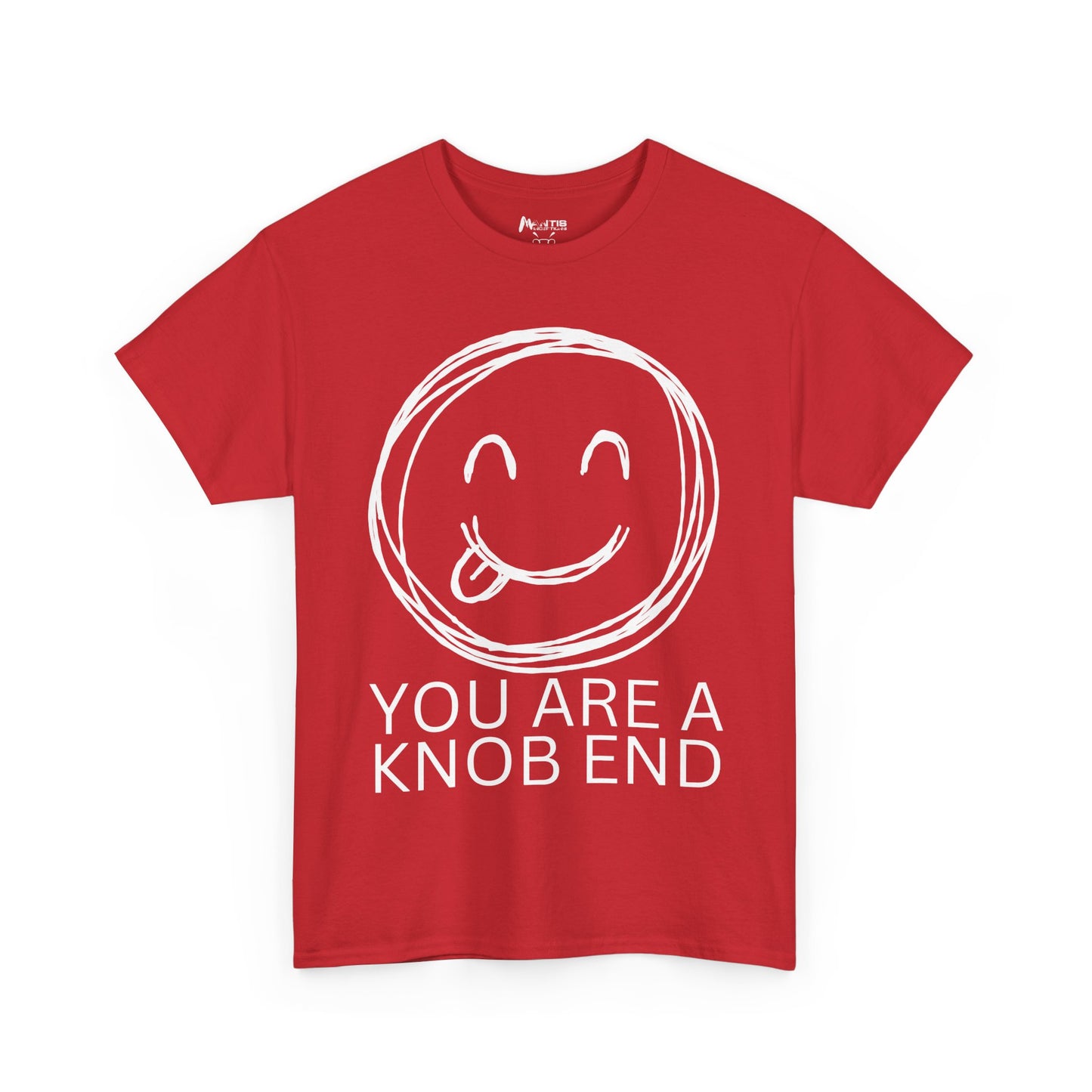 red shirt with a hard British insult and playful face: 'you are a knob end'