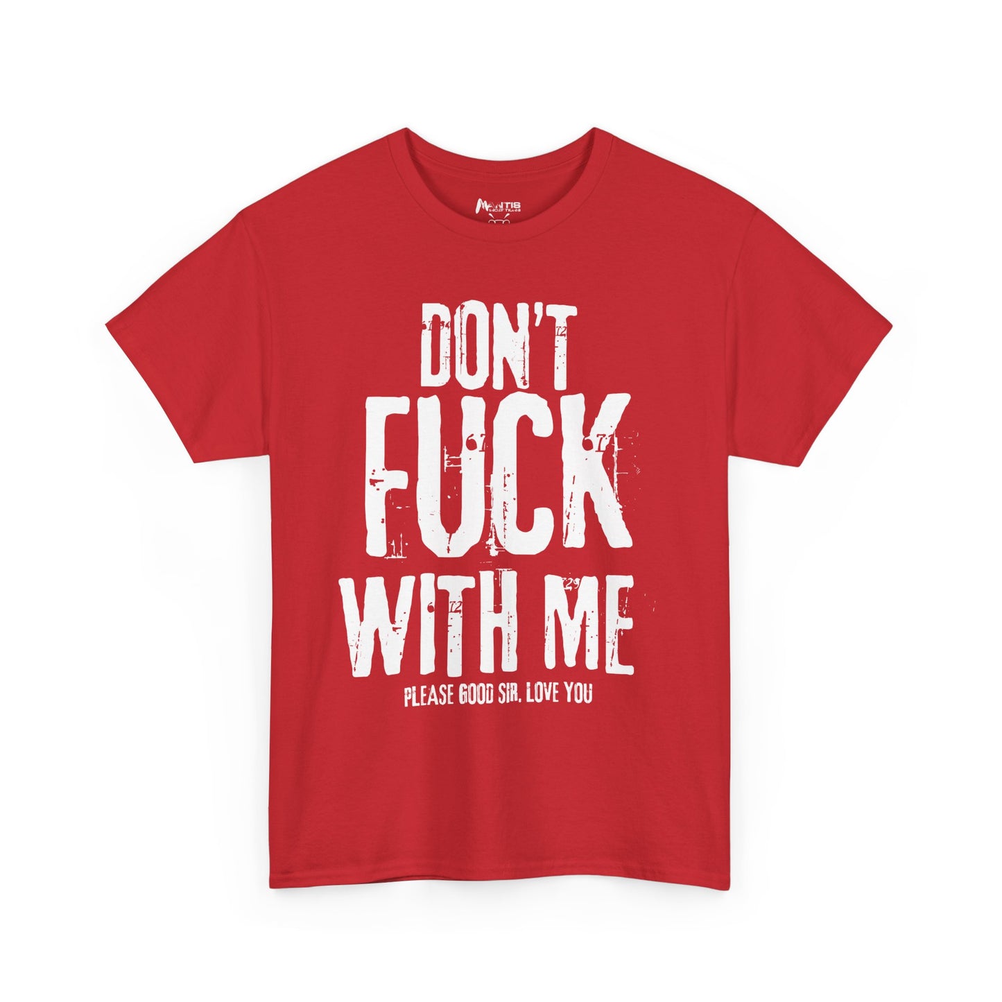 red tee showing loud insult and scared apology in one punchline