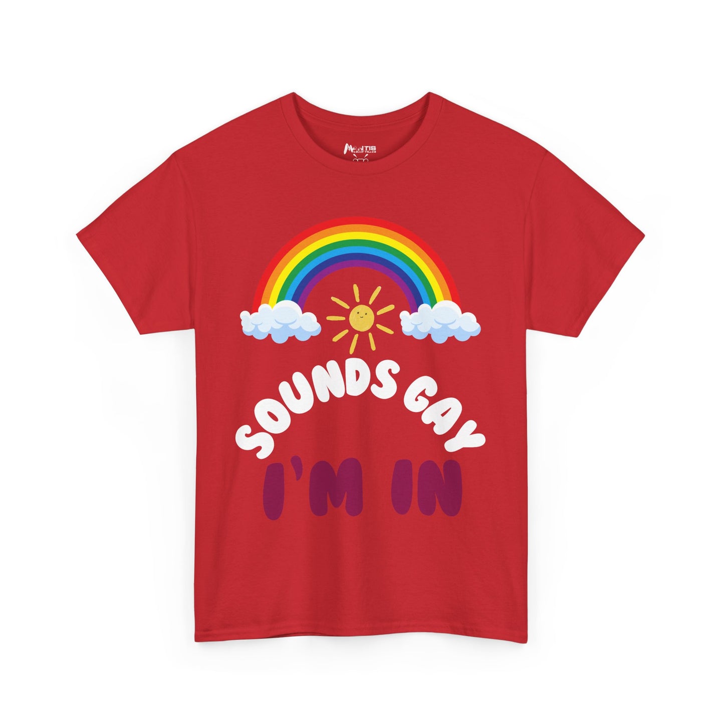 red NSFA shirt with 'Sounds Gay. I'm in' slogan, mixing humor with fearless style