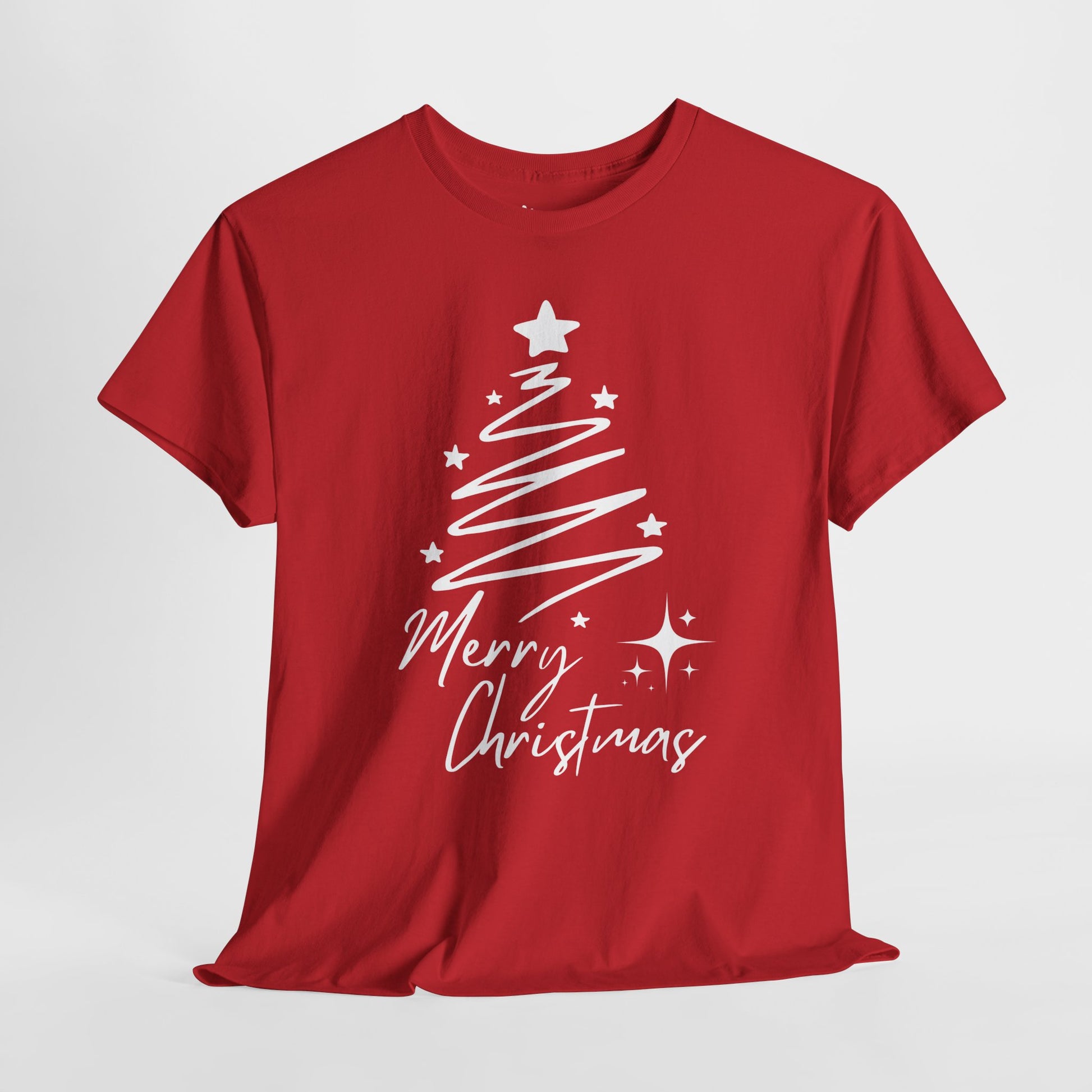 red Christmas tee with elegant white line Christmas tree and star, festive lettering reading “Merry Christmas”