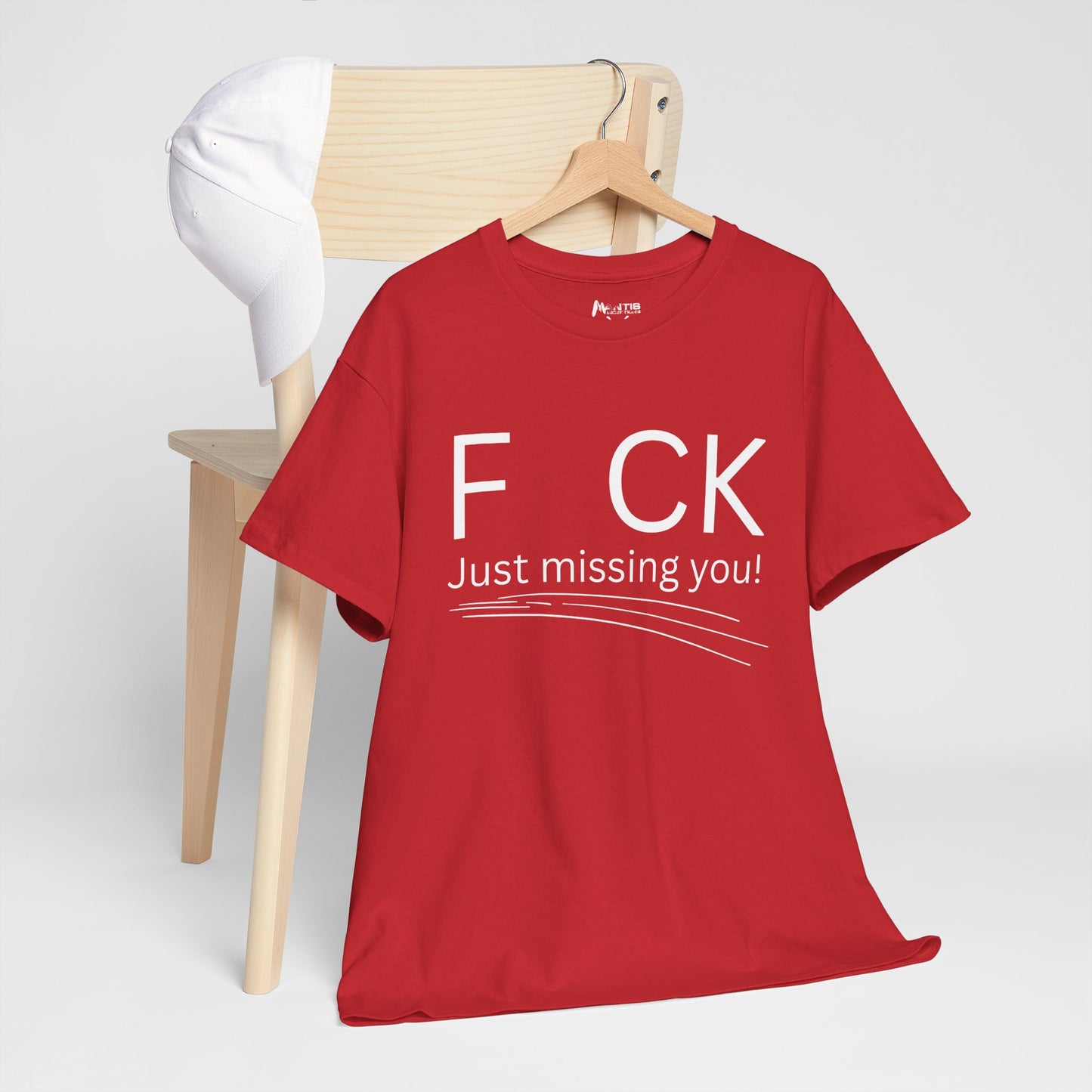 red shirt with F CK message and a naughty tease built into the design