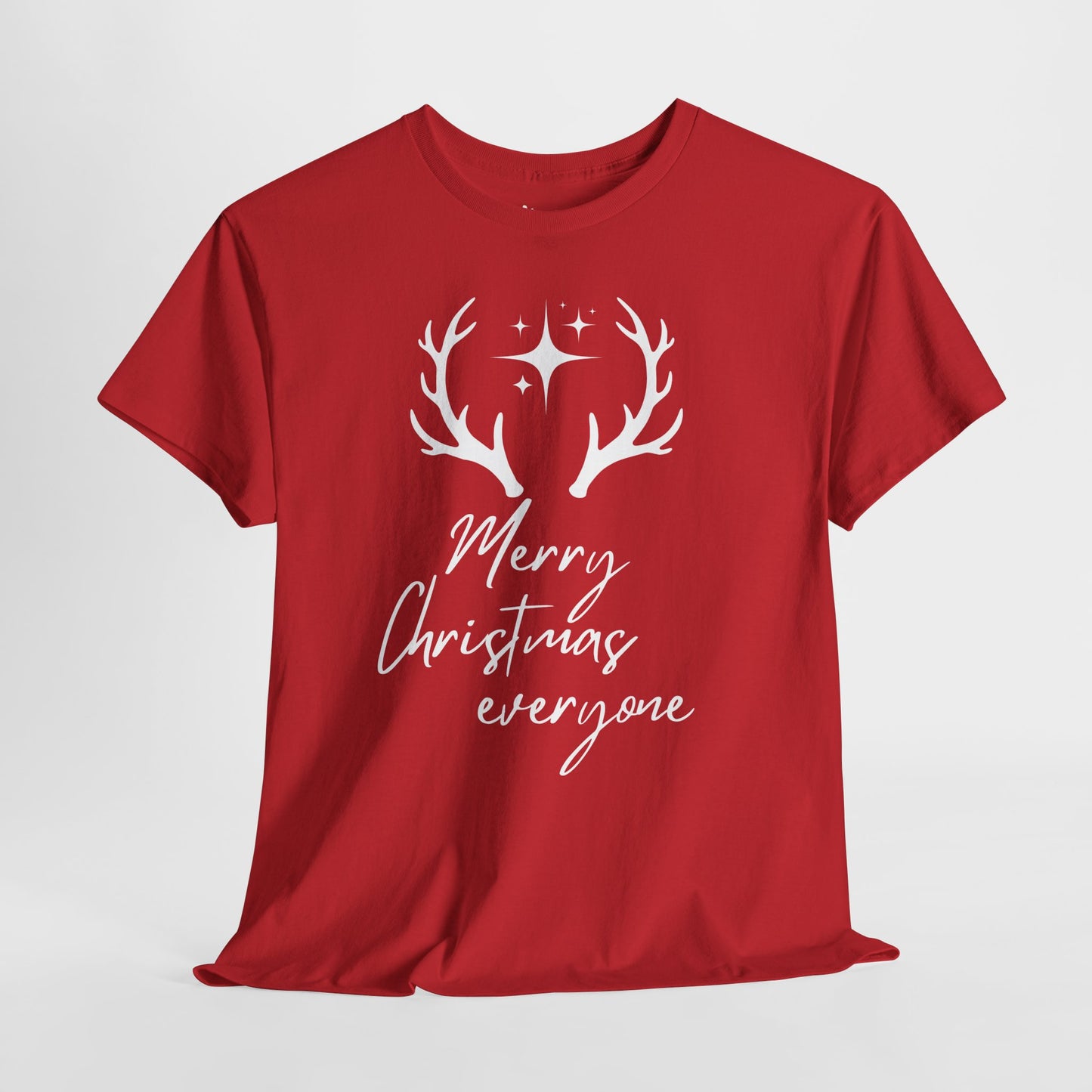 red holiday tee with reindeer antlers, Christmas star, and cheerful “Merry Christmas Everyone” message