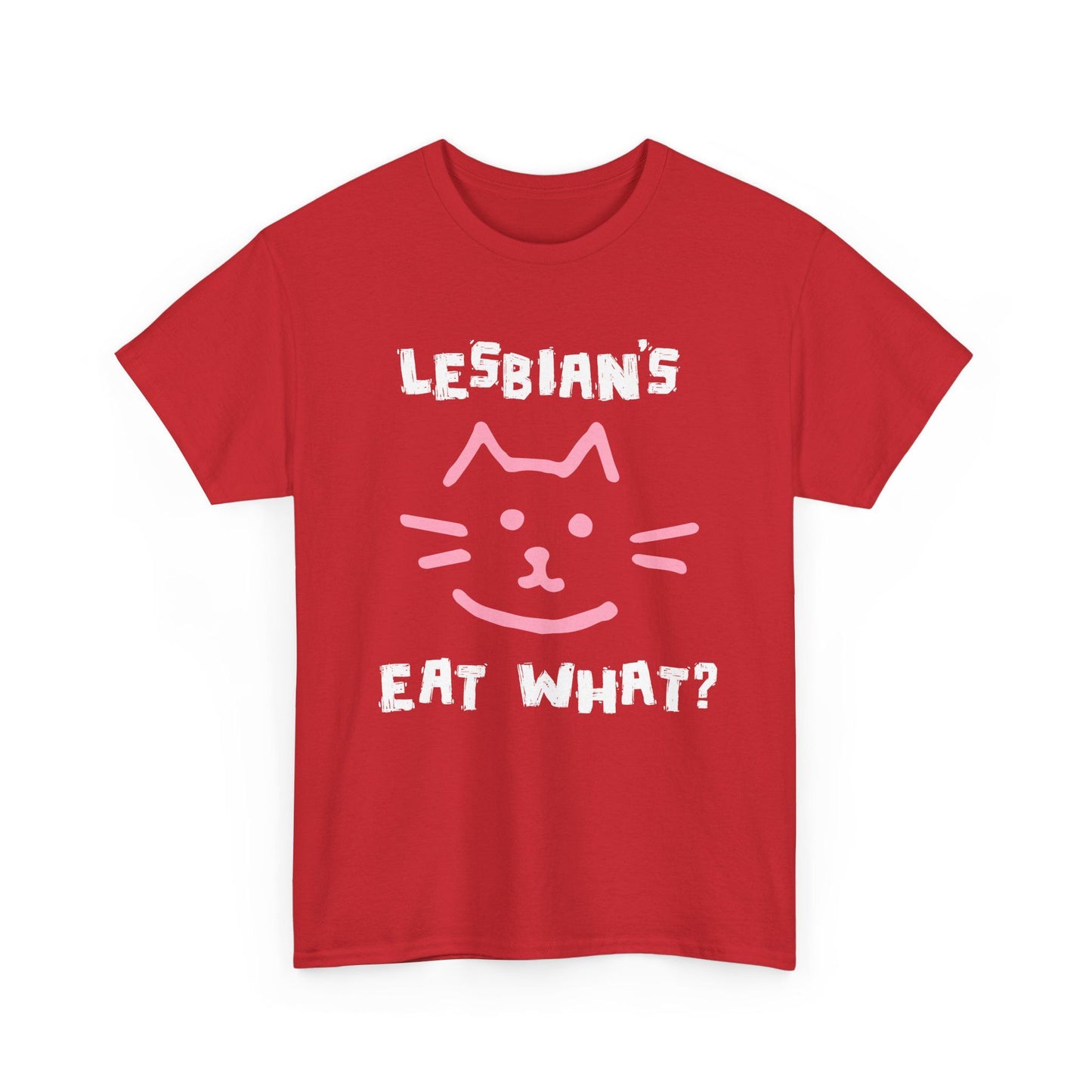 Red tee with cat expression and Lesbians Eat What? slogan, bold and inappropriate