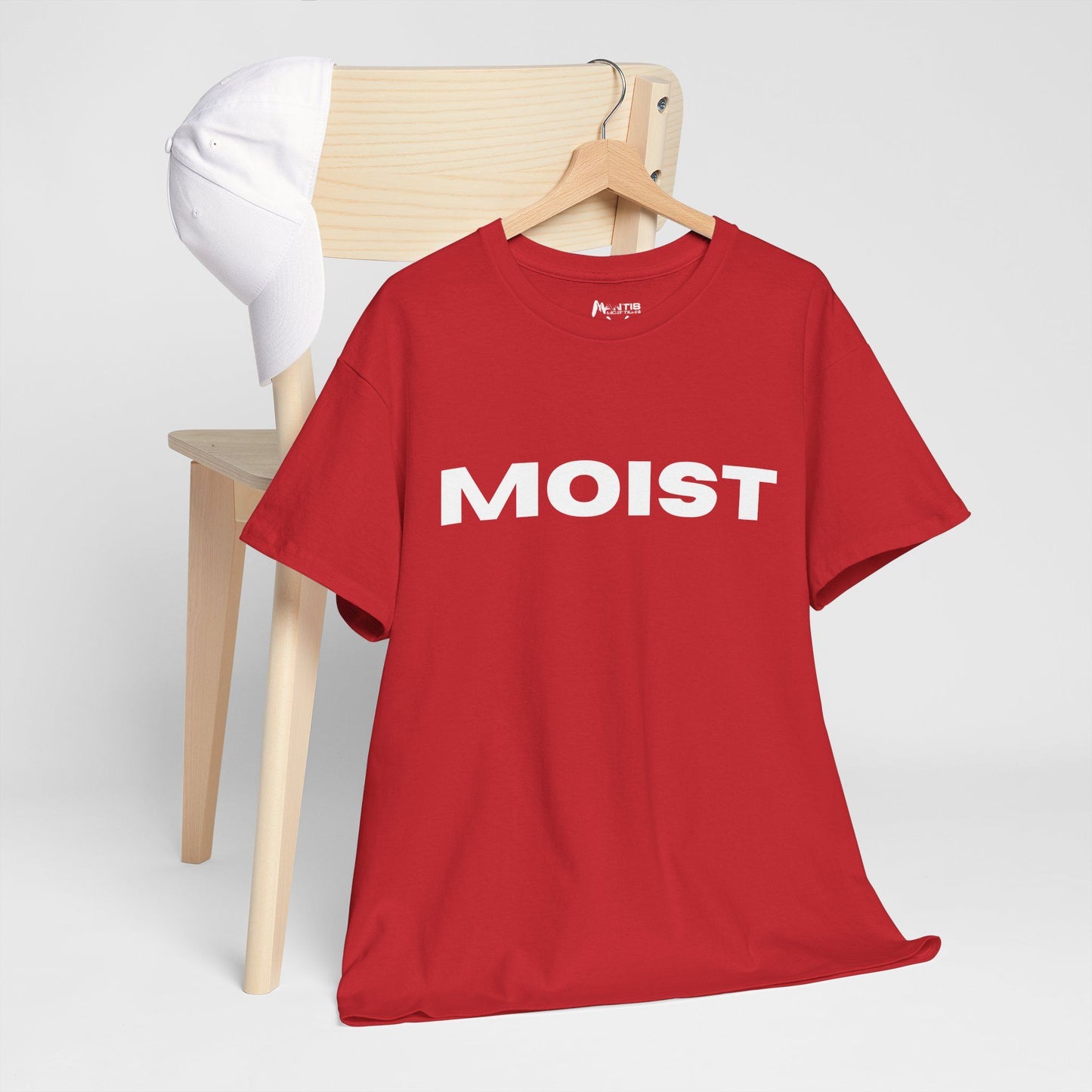 Red tee combining male joy and female horror in perfect balance