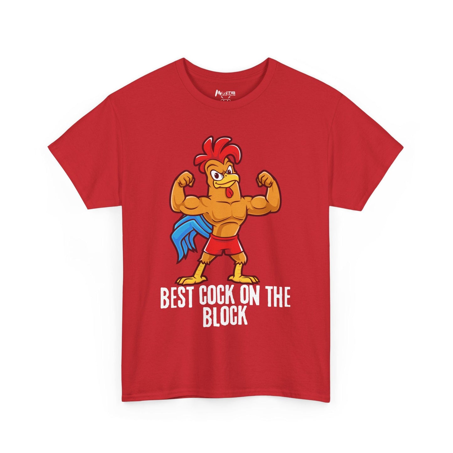 Red shirt with suggestive rooster image