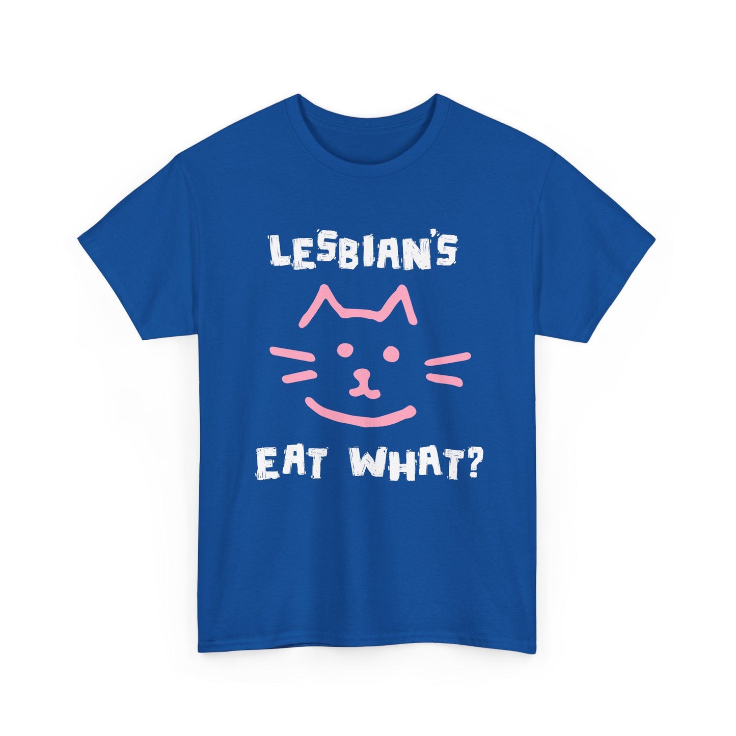Royal blue t-shirt with edgy cat face and Lesbians Eat What? design