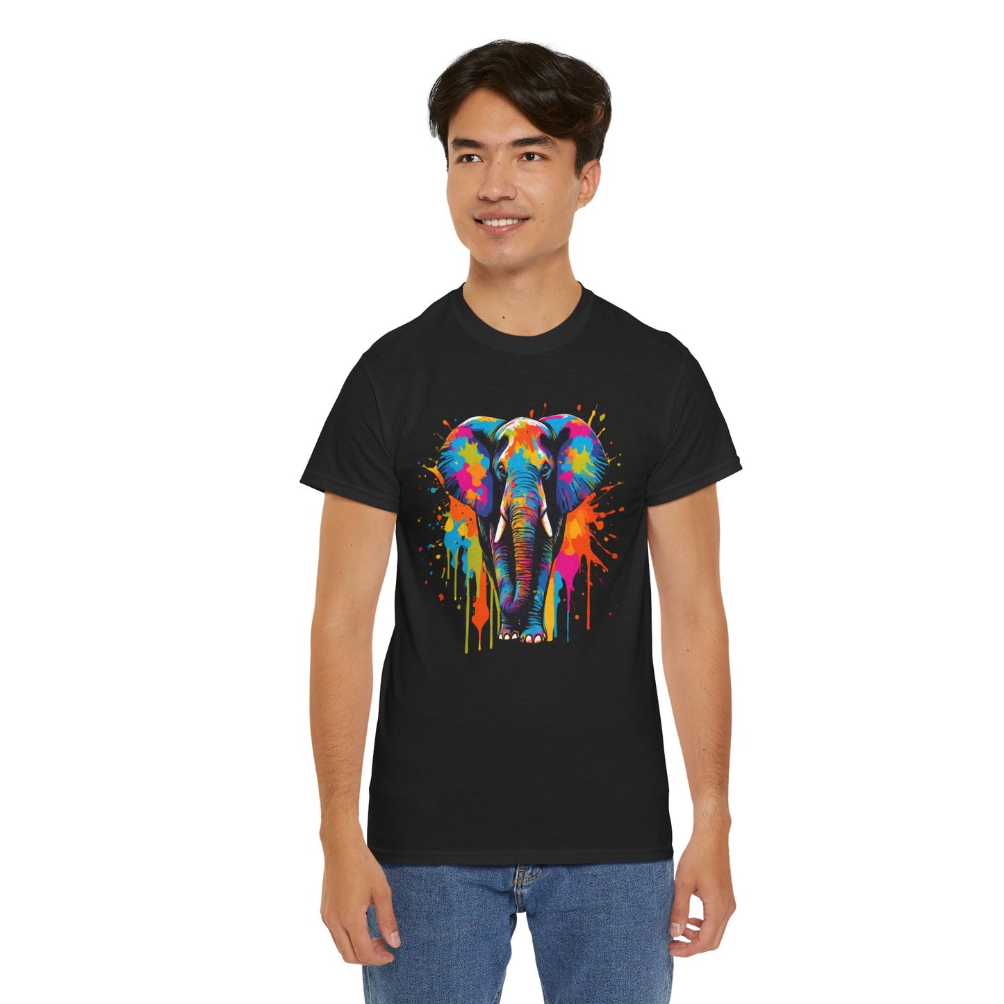 Vibrant Colorful Paint Splatter T-Shirt | Elephant Black