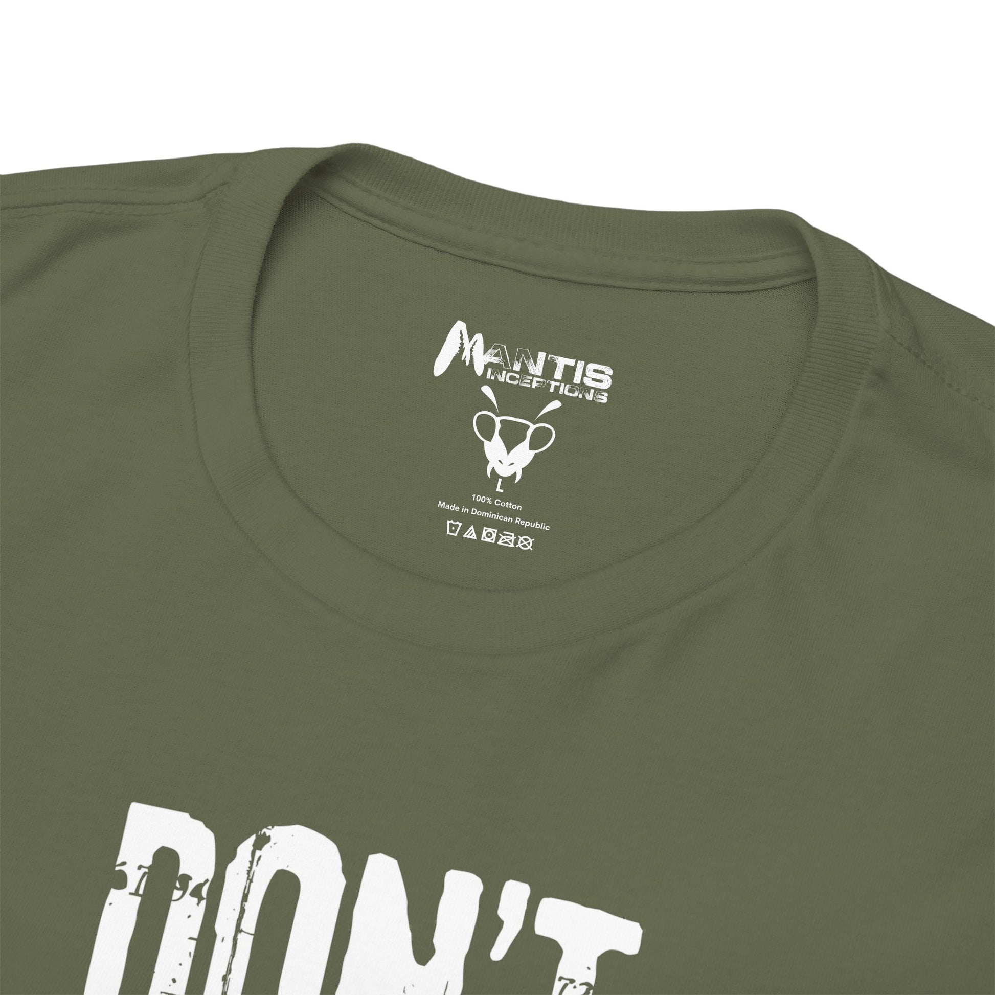 military green shirt ridiculing fake macho rage with tiny soft plea