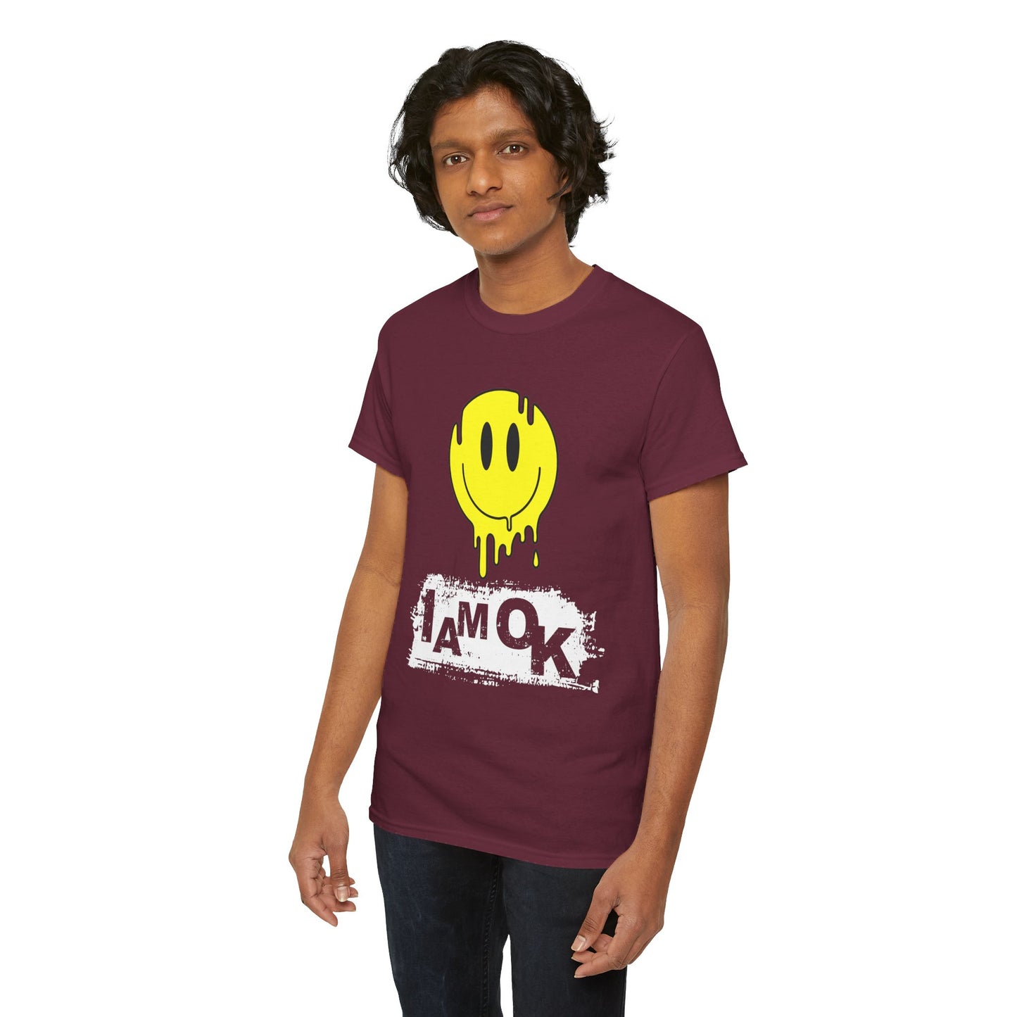 I AM OK | Smiley Face T-Shirt Maroon