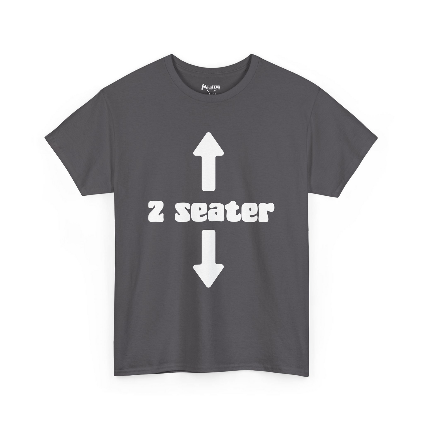 charcoal tee showing 2 seater print with face and crotch arrows unapologetically dirty