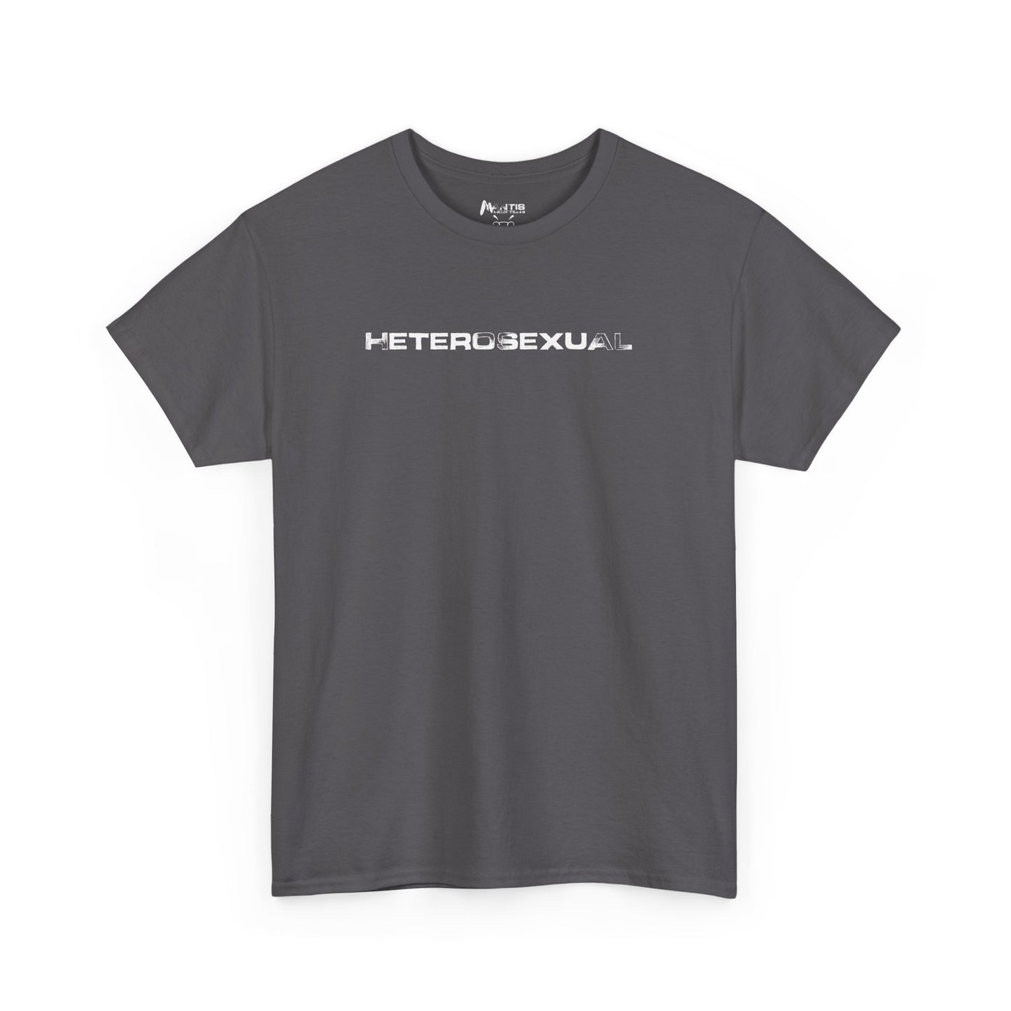 Charcoal shirt stating HETEROSEXUAL in bold, edgy straight pride design