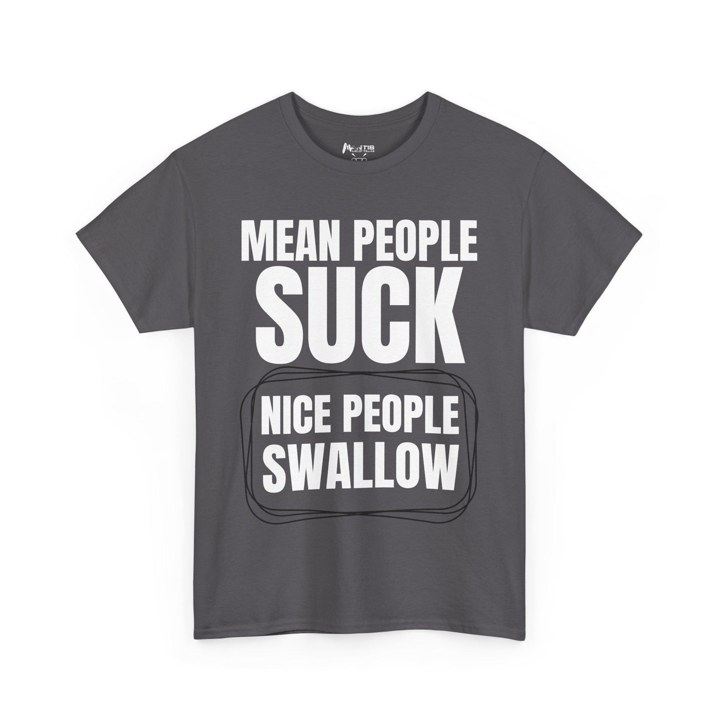 Charcoal shirt with raunchy text about mean vs nice people