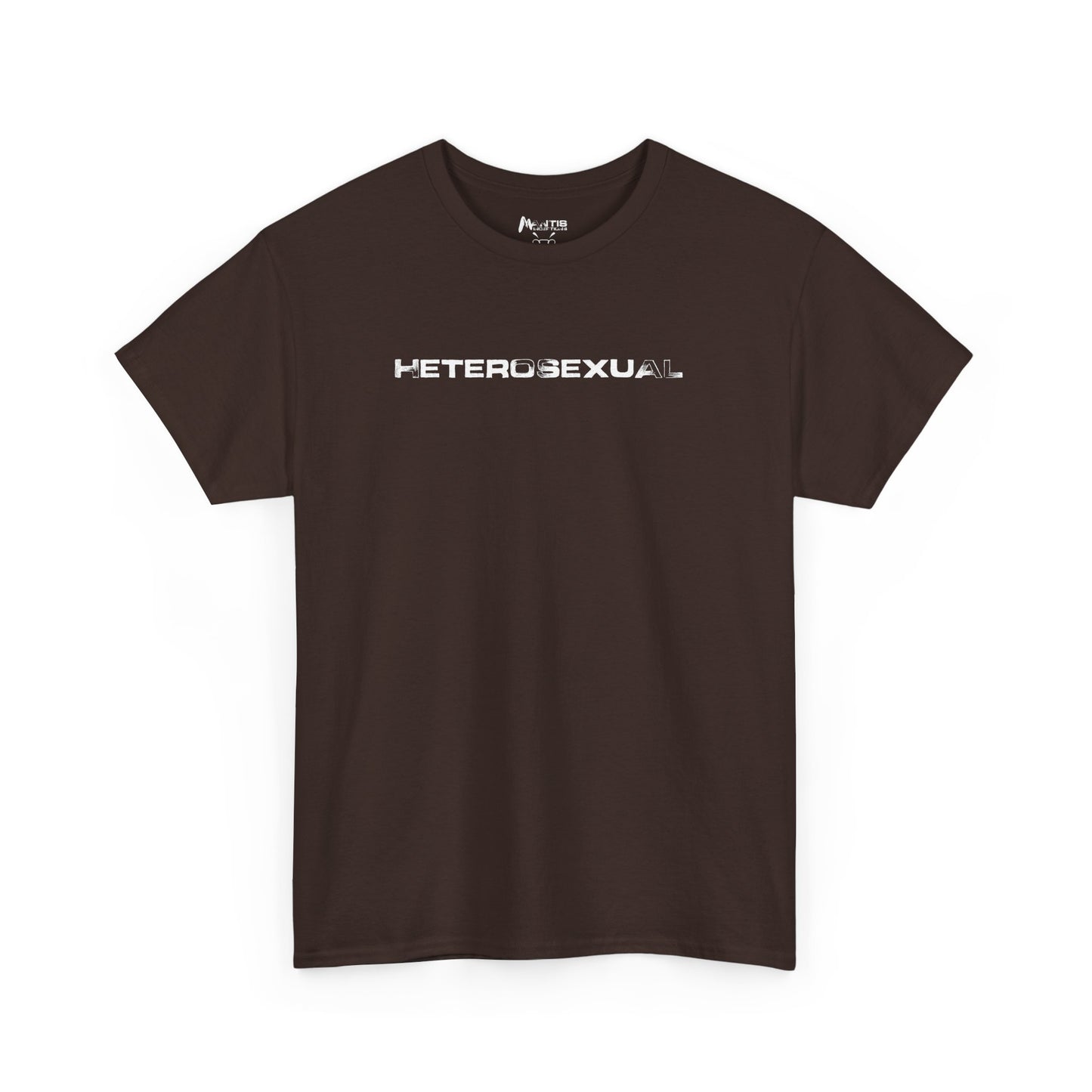 Dark chocolate shirt with blunt HETEROSEXUAL text, unapologetic statement tee