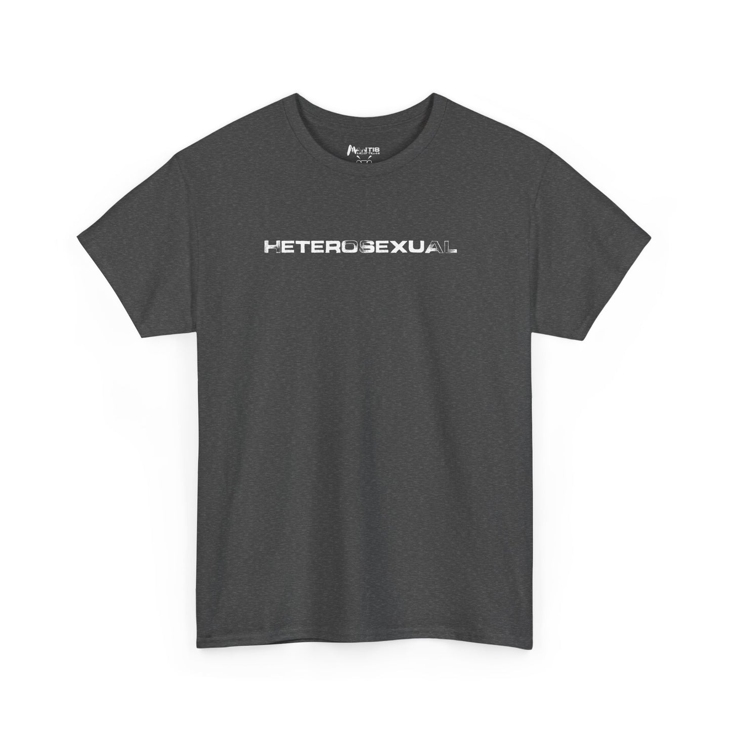 Dark heather shirt featuring big HETEROSEXUAL print, proud and offensive humor