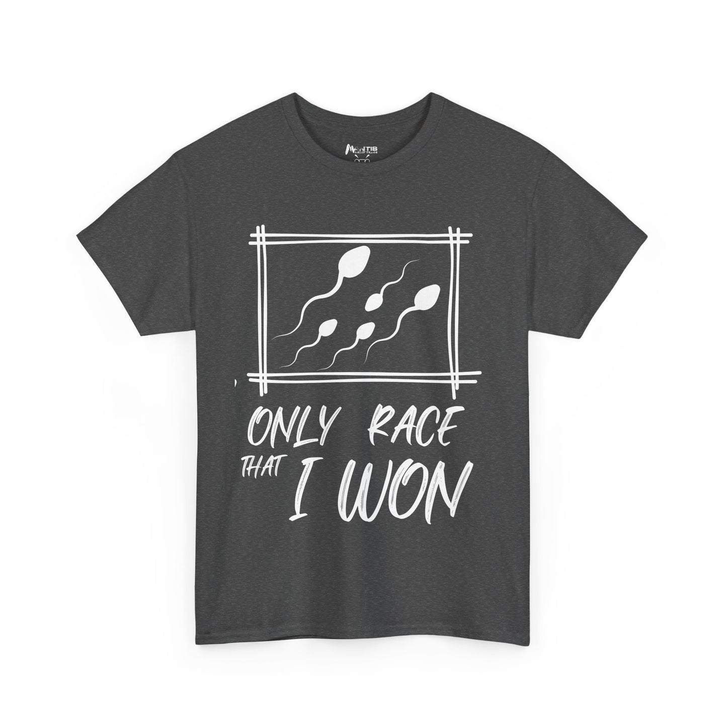 dark heather tee poking fun at sperm race origins