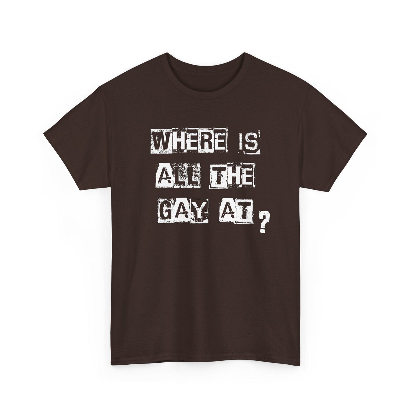 Dark chocolate t-shirt with ironic Where Is All the Gay At design