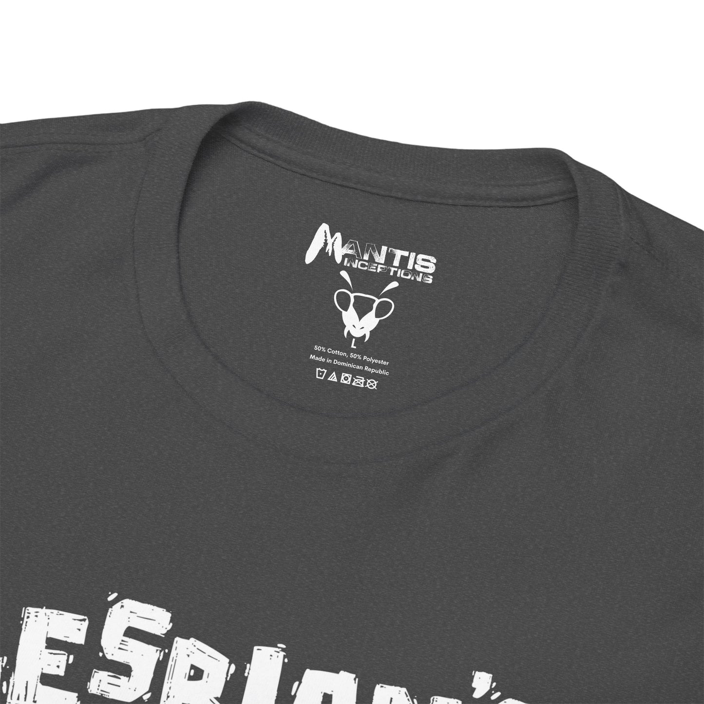 Dark heather t-shirt showing cat's shocked face with Lesbians Eat What? text