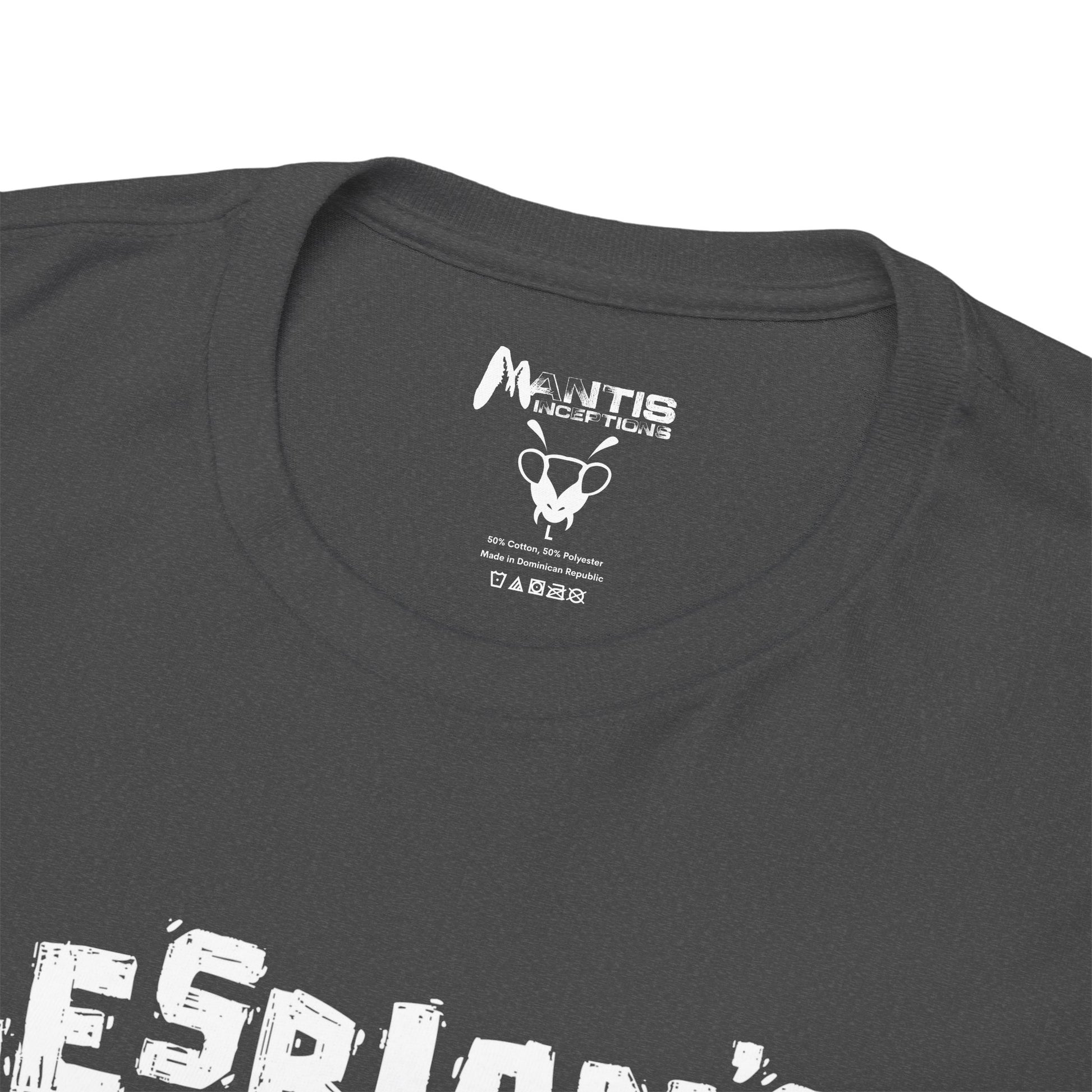Dark heather t-shirt showing cat's shocked face with Lesbians Eat What? text