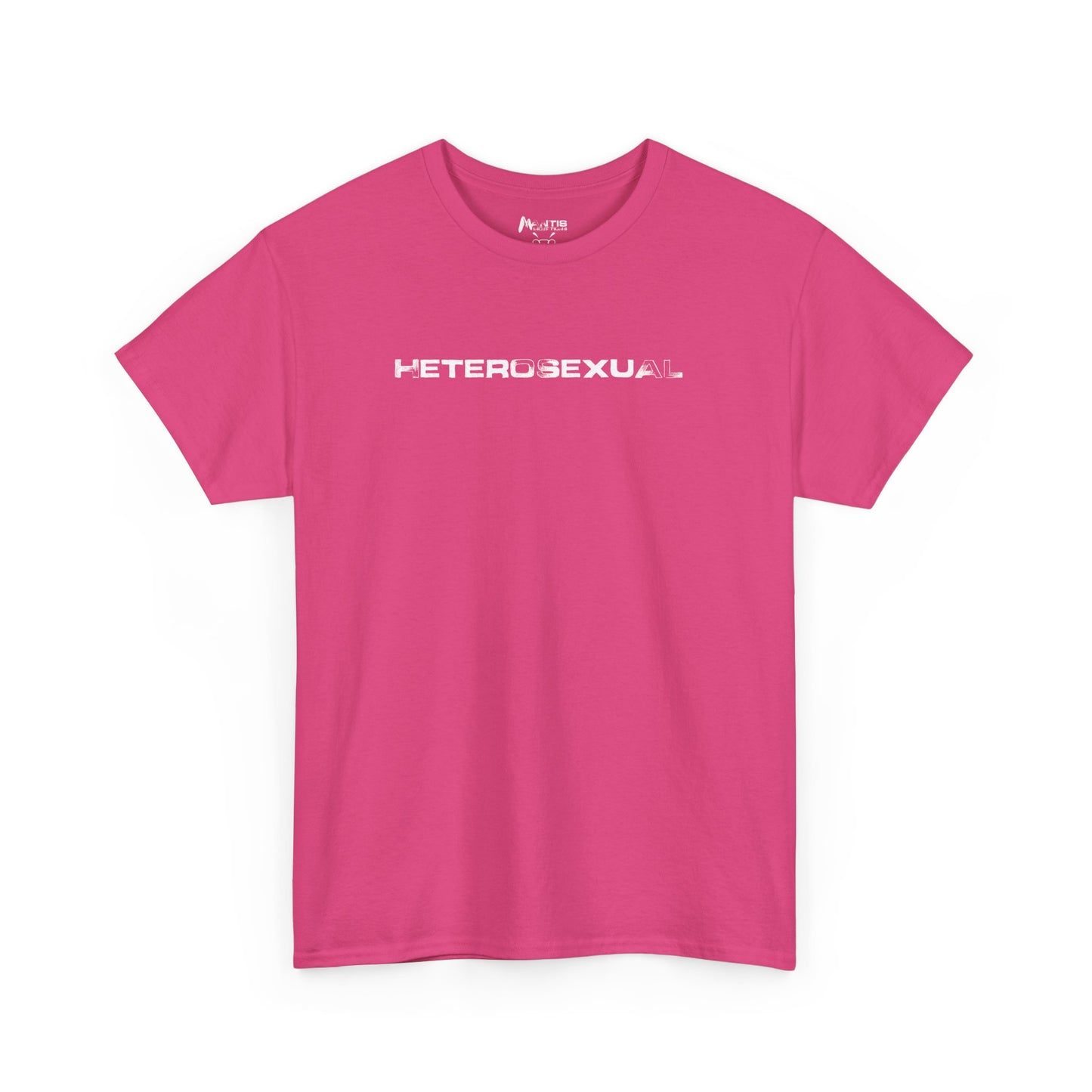 Heliconia pink shirt with bold HETEROSEXUAL slogan, edgy NSFA design
