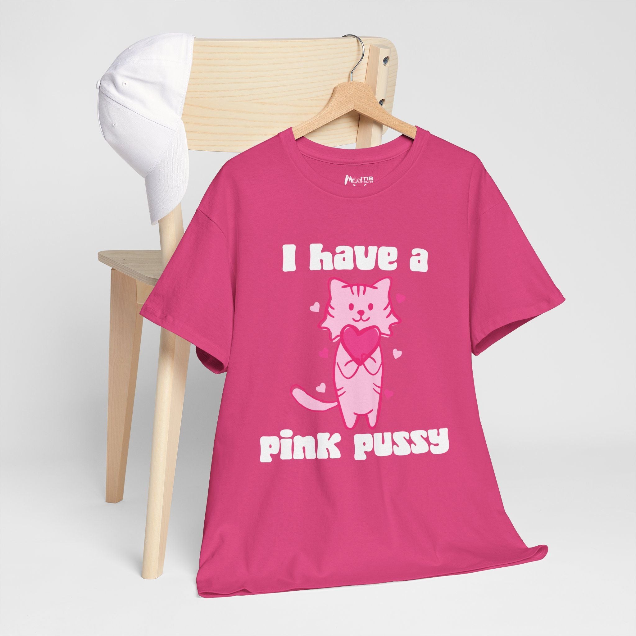 Heliconia tee with a bright pink pussy cat graphic and filthy tone