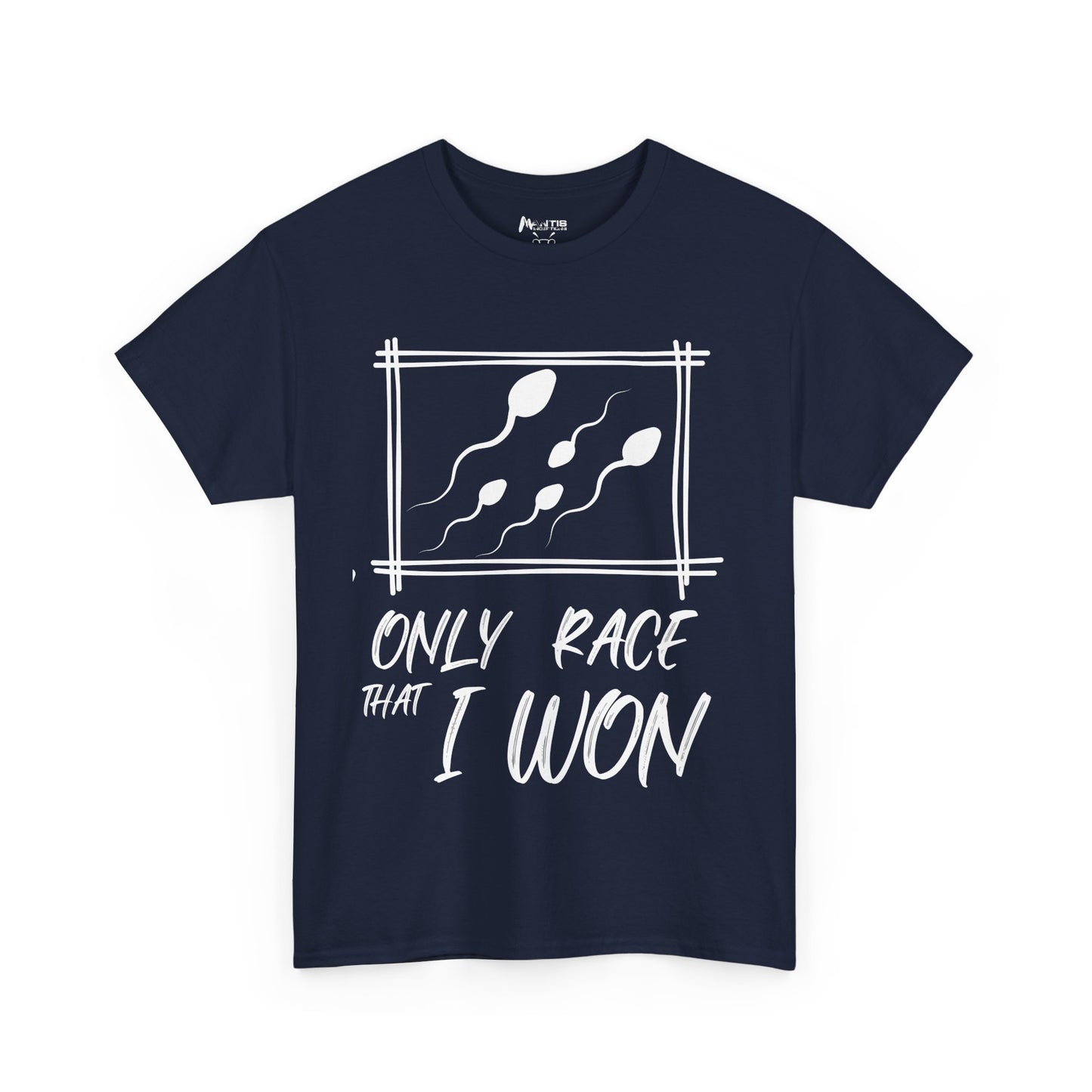 navy tee with bold sperm race joke for adult humor fans