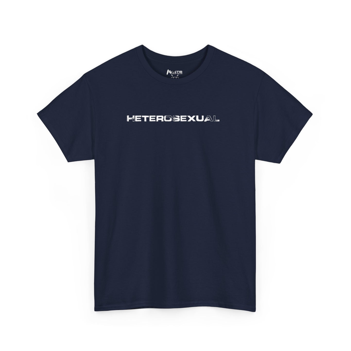 Navy shirt with unapologetic HETEROSEXUAL print, bold and offensive humor tee