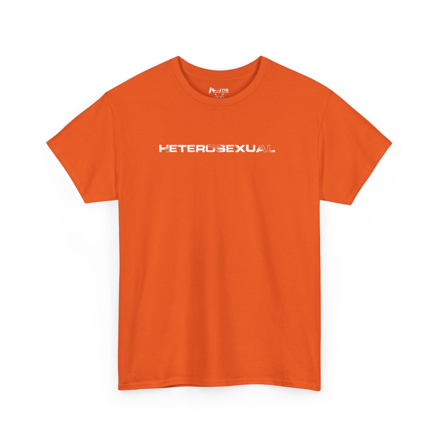 Orange tee with in-your-face HETEROSEXUAL text, inappropriate NSFA humor