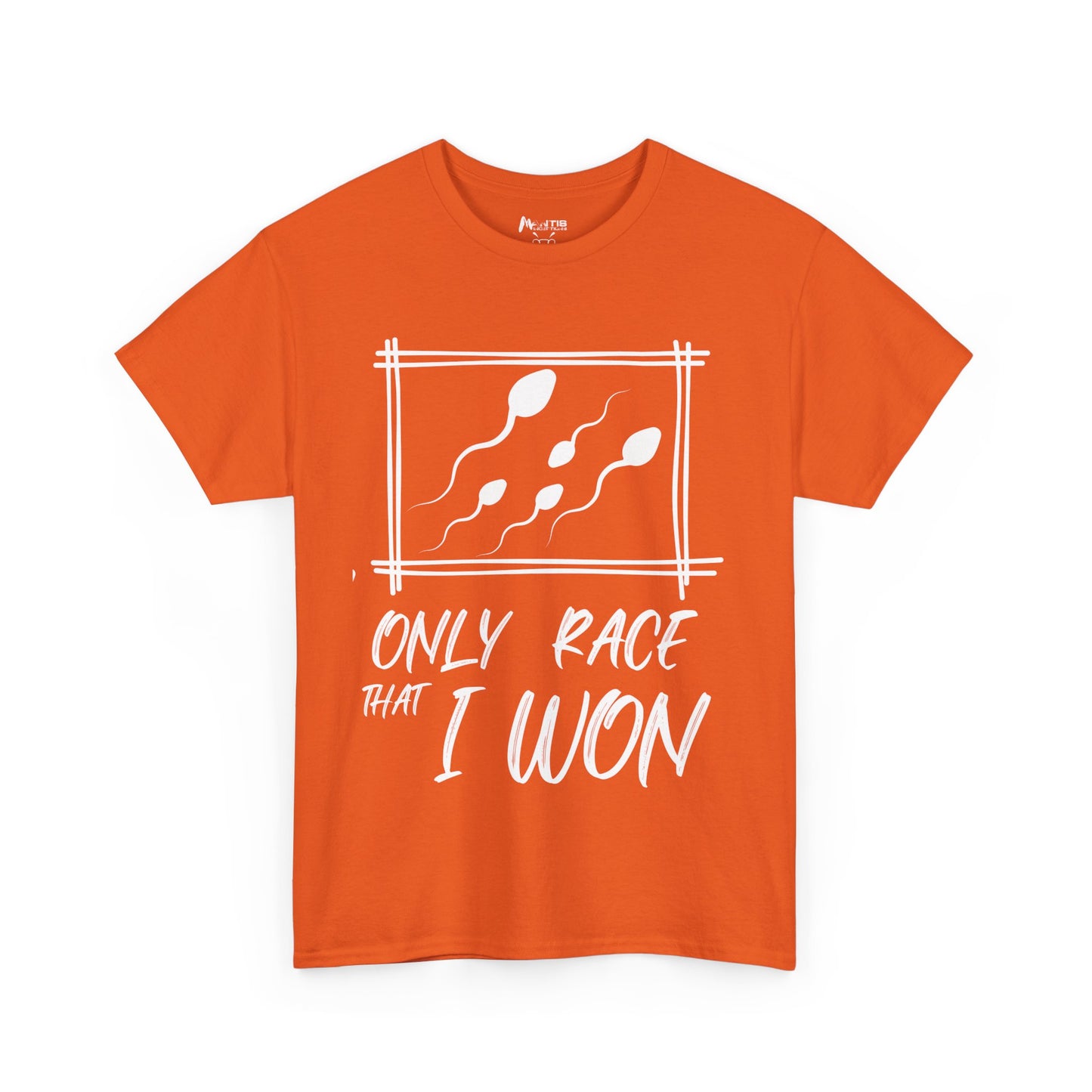 orange shirt with graphic sperm winner joke