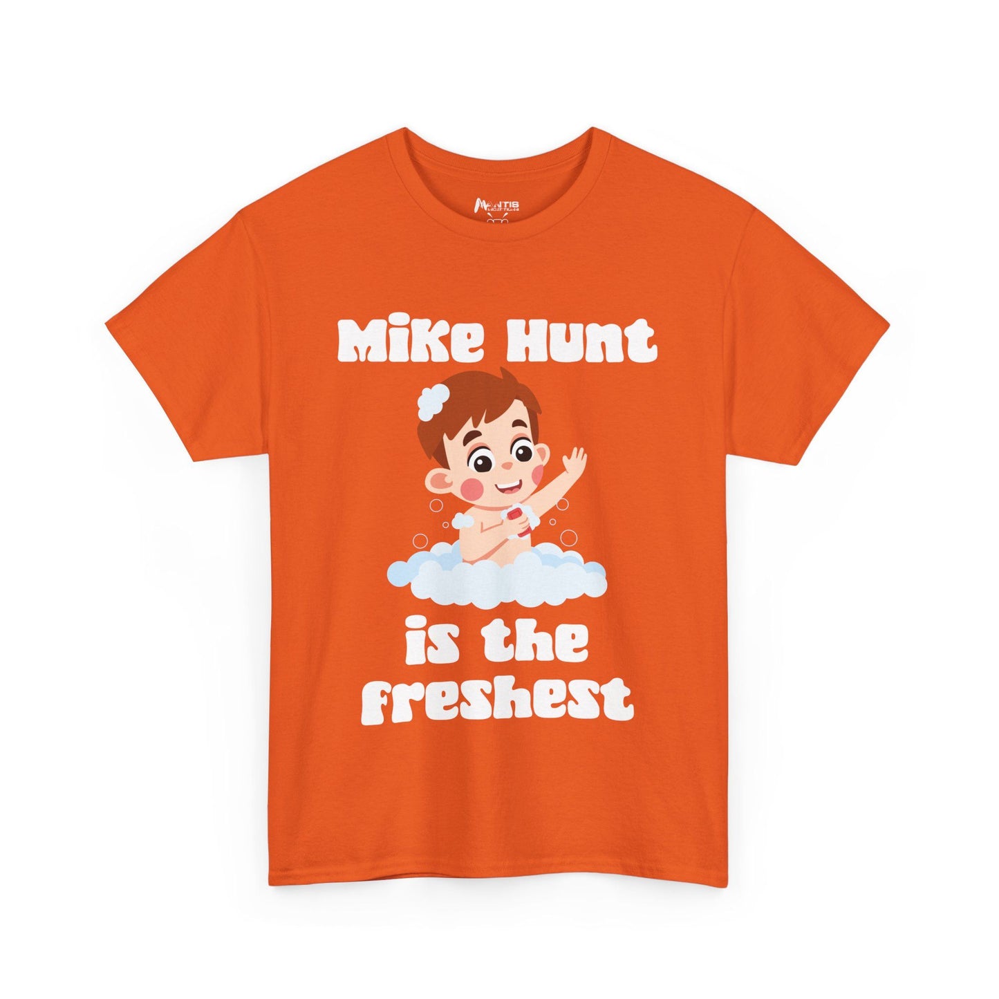 Orange tee showing Mike Hunt in the bath and innuendo in the text