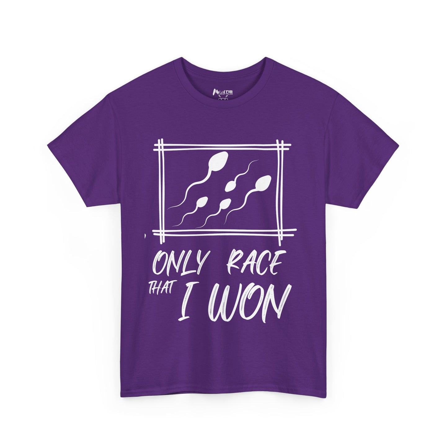 purple tee with racing sperm graphic and cocky text for loudmouth humor