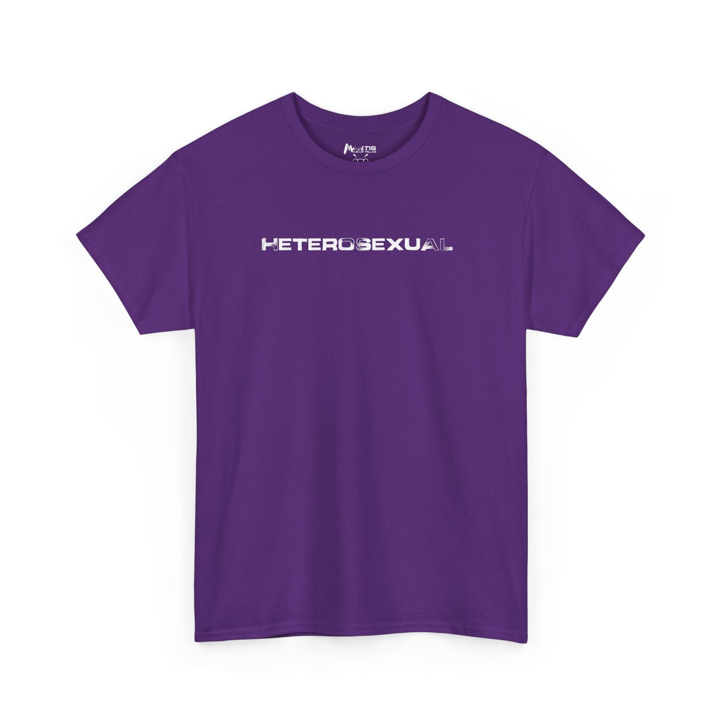 Purple shirt with bold HETEROSEXUAL text, unapologetic NSFA pride humor