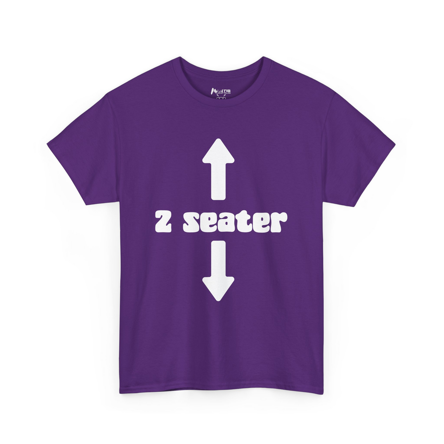 purple shirt with bold 2 seater message and arrows to face and crotch an open invite